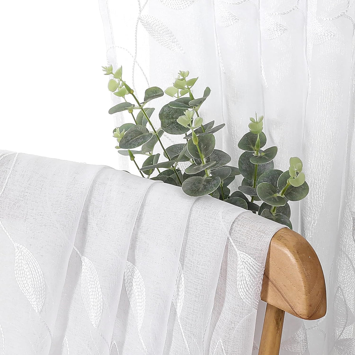 Tollpiz White Leaf Sheer Curtains Bedroom 54 x 84 Inches | Leaves Embroidered Curtain Rod Pocket Voile Window Treatment for Living Room, Set of 2 Panels