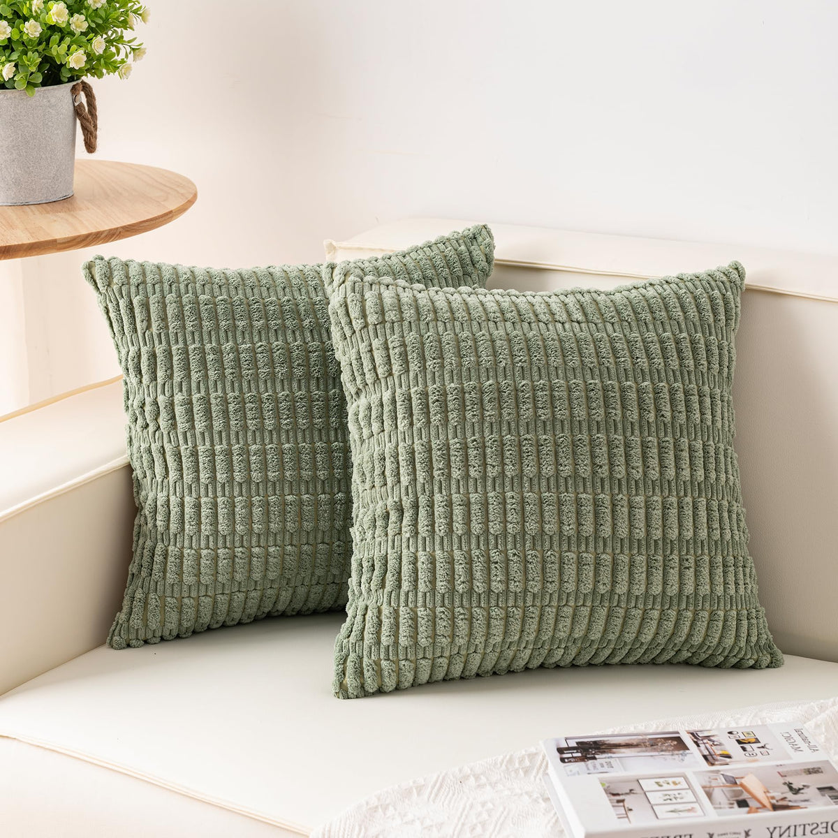 Pack of 2 Corduroy Decorative Throw Pillow Covers 18x18 Inch, Cream White | Fall Soft Striped Pillow Covers Modern Farmhouse Home Decor Christmas Throw Pillow Covers for Sofa Living Room Couch Bed ﻿