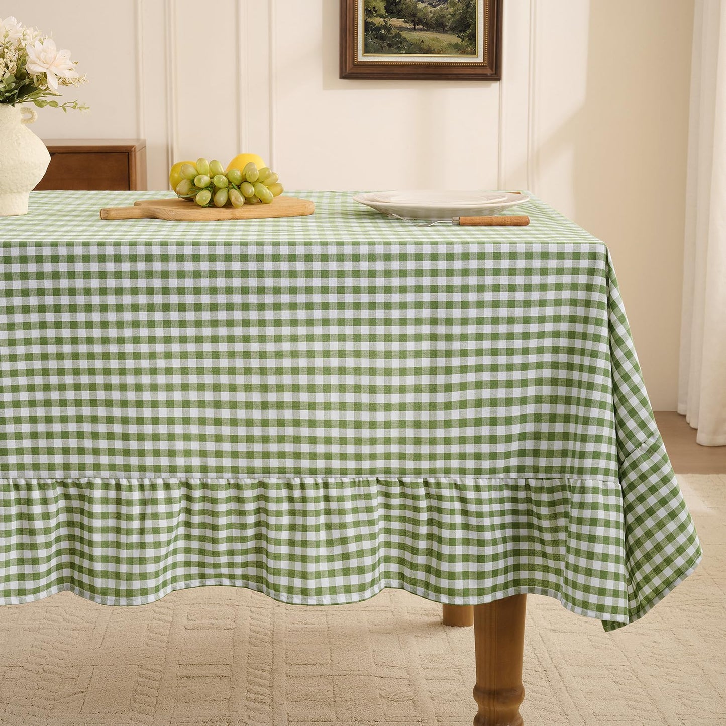Romanstile Gingham Ruffled Tablecloth Rectangle, 60 x 84 Inch, Sage Green | Waterproof Checkered Table Cloth, Polyester-cotton, Farmhouse Plaid Table Cover for Outdoor, Picnic, Camping, Party