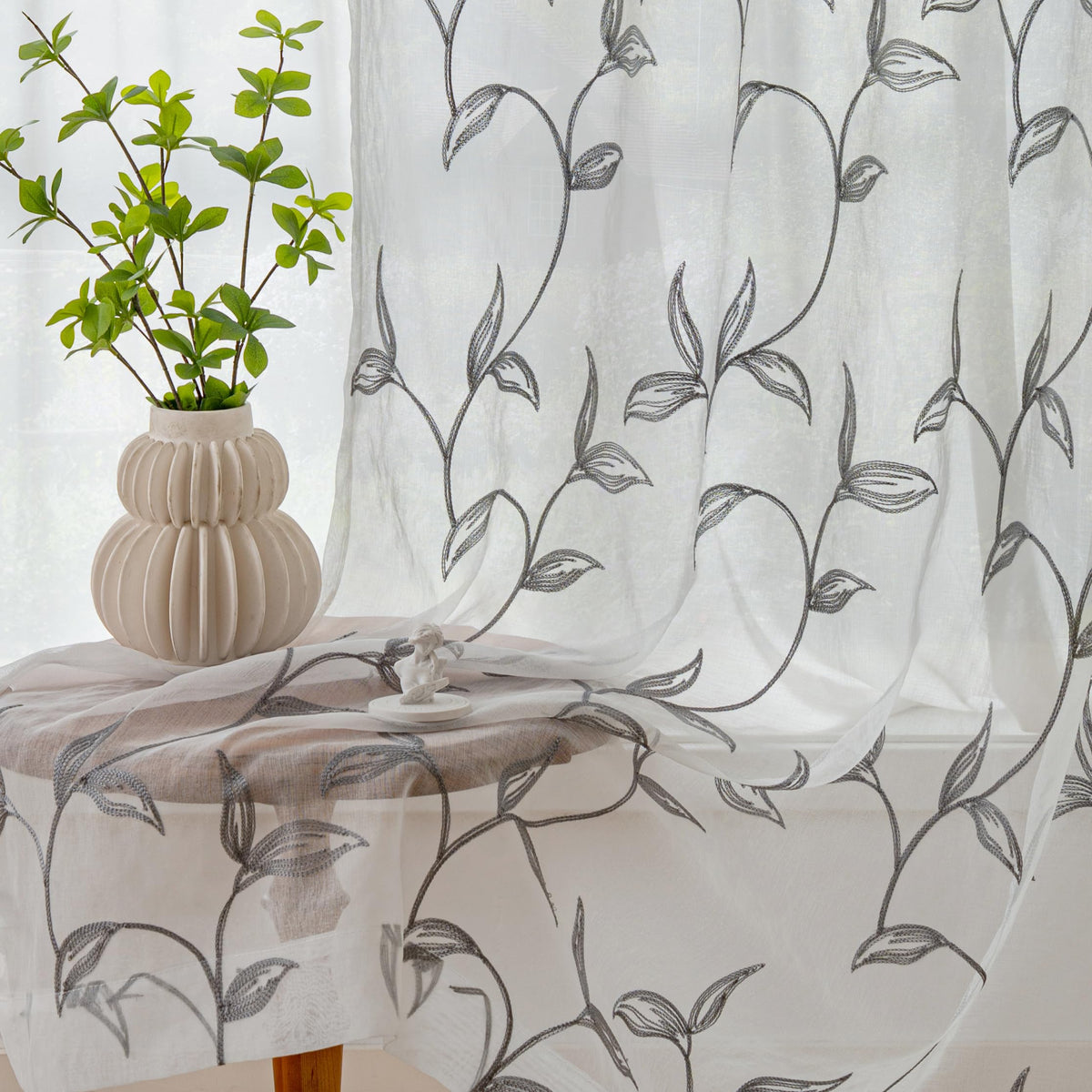 Sheer Curtains Boho Leaf Floral Embroidered Cream Beige 54Wx84L | Light Filtering Semi Sheer Voile Curtains With Design, Rod Pocket Window Drapes for Bedroom Living Room 2 Panels
