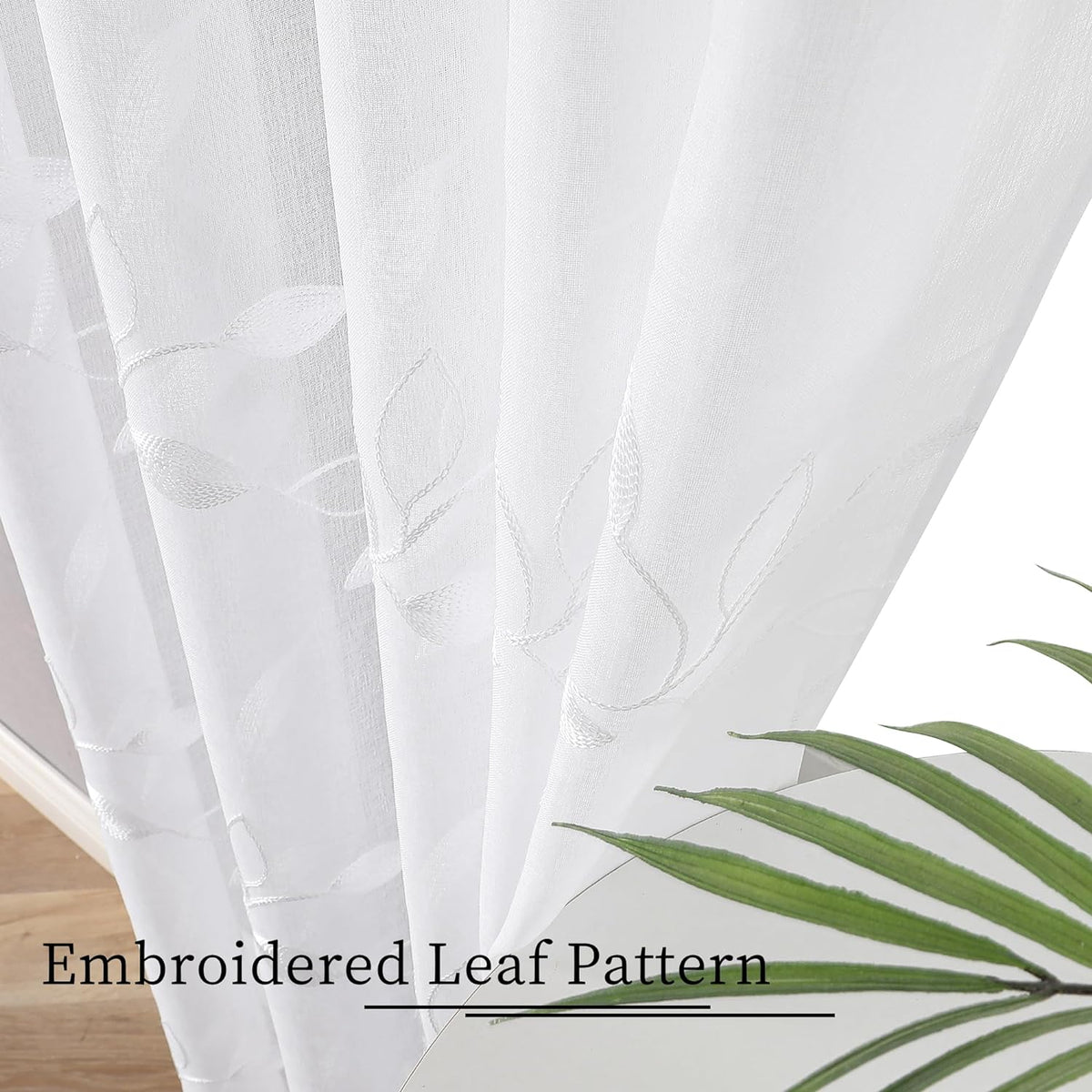Tollpiz White Leaf Sheer Curtains Bedroom 54 x 84 Inches | Leaves Embroidered Curtain Rod Pocket Voile Window Treatment for Living Room, Set of 2 Panels