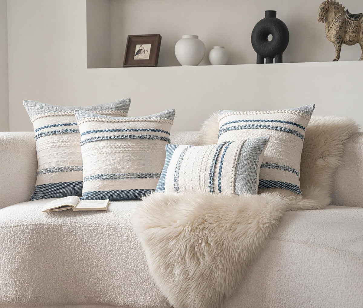 Cethom Boho Throw Pillow Covers 18x18 Inch Set of 2, Blue Textured Decorative Couch Pillow Cases for Farmhouse Home Decor, Accent Cushion Cover for Sofa, Bed, Living Room, Bedroom