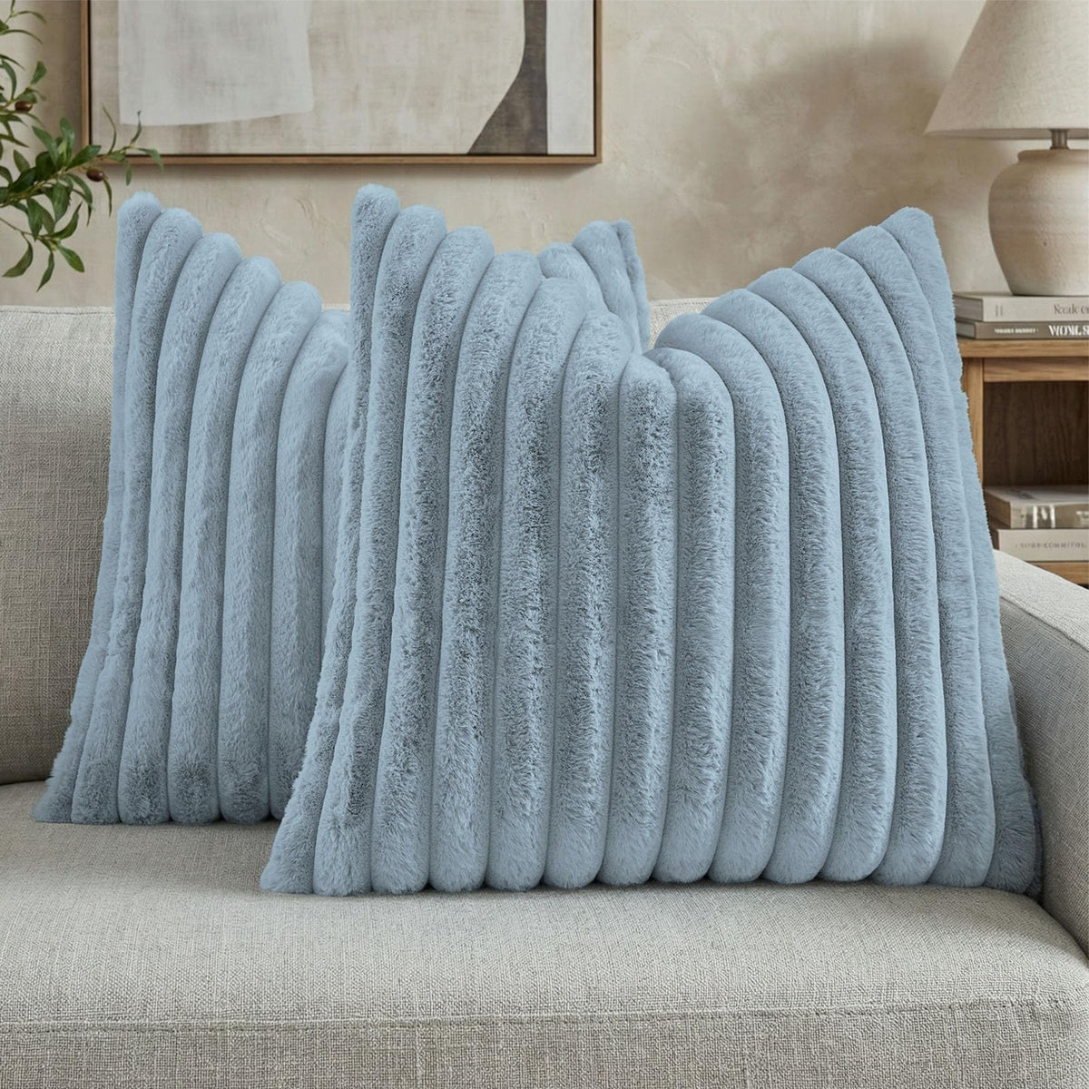 FUTEI Pack of 2 Faux Fur Throw Pillow Covers 18x18 Inch, Cream White | Fluffy Faux Rabbit Fur Front/Premium Velvet Back,Hidden Zipper,Machine Washable,Non-Shedding,Colorfast,Insert Not Included.