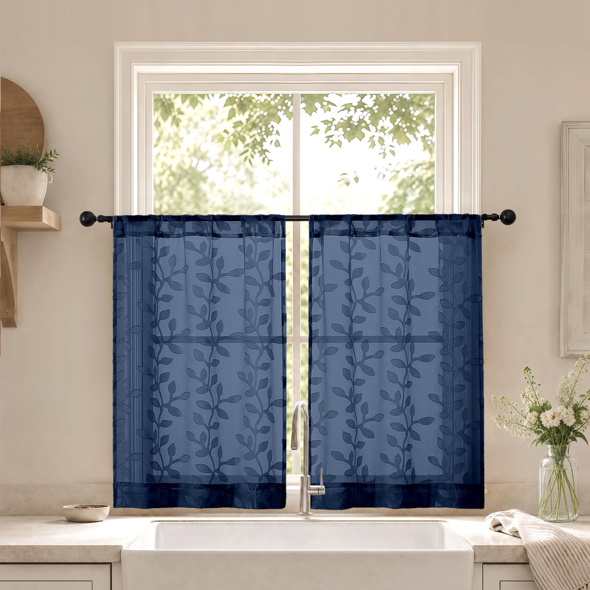 White Sheer Curtains 84 Inches Long - Light Filtering Leaf Jacquard Textured Semi Sheer Curtains, Rod Pocket Drapes for Living Room Bedroom 2 Panels Set, 2x37Wx84L Inches