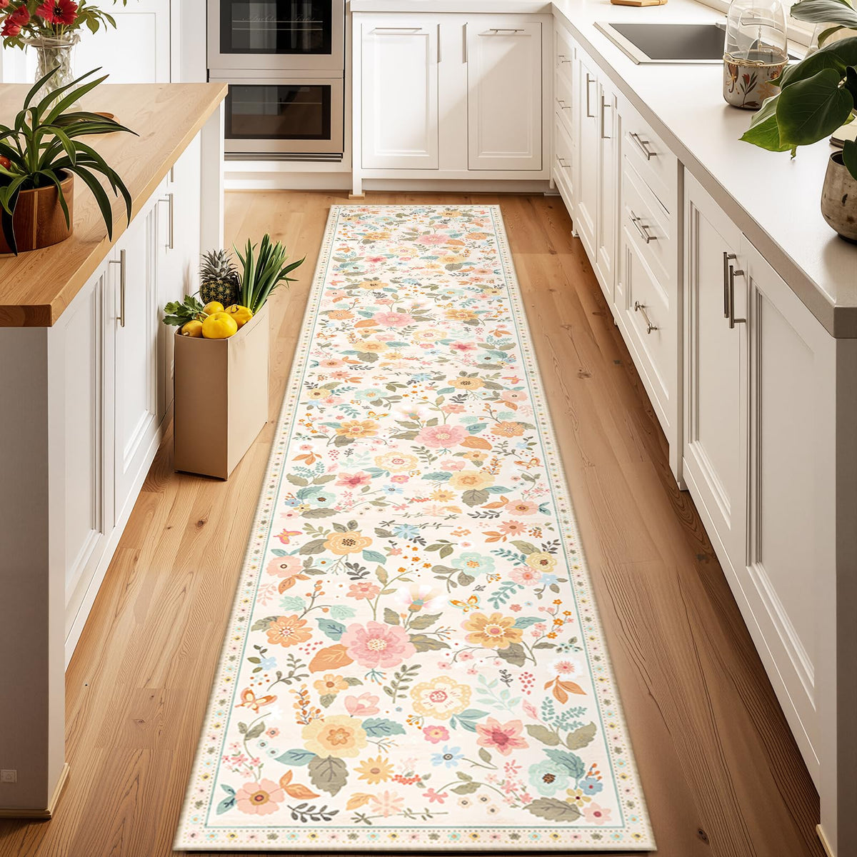 RELEANY Floral Washable 5x7 Area Rugs Black | Flower Carpet, Print, Boho, Non-Slip, Easy to Clean, Soft, Low Pile for Living Room Bedroom Kitchen Office Entryway Hallway