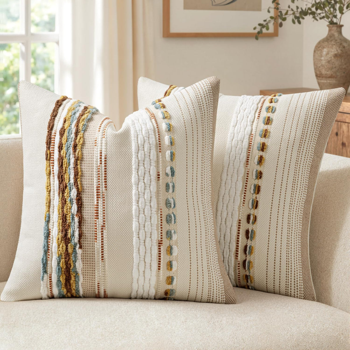 ANRODUO Boho Decorative Pillow Covers Olive Green Stripe 18x18 Pack of 2 | Throw Pillow Covers, Farmhouse Cushion Case, Chenille Pillow Cases, Pillow Covers, Accent Neutral Pillowcase for Couch Bed