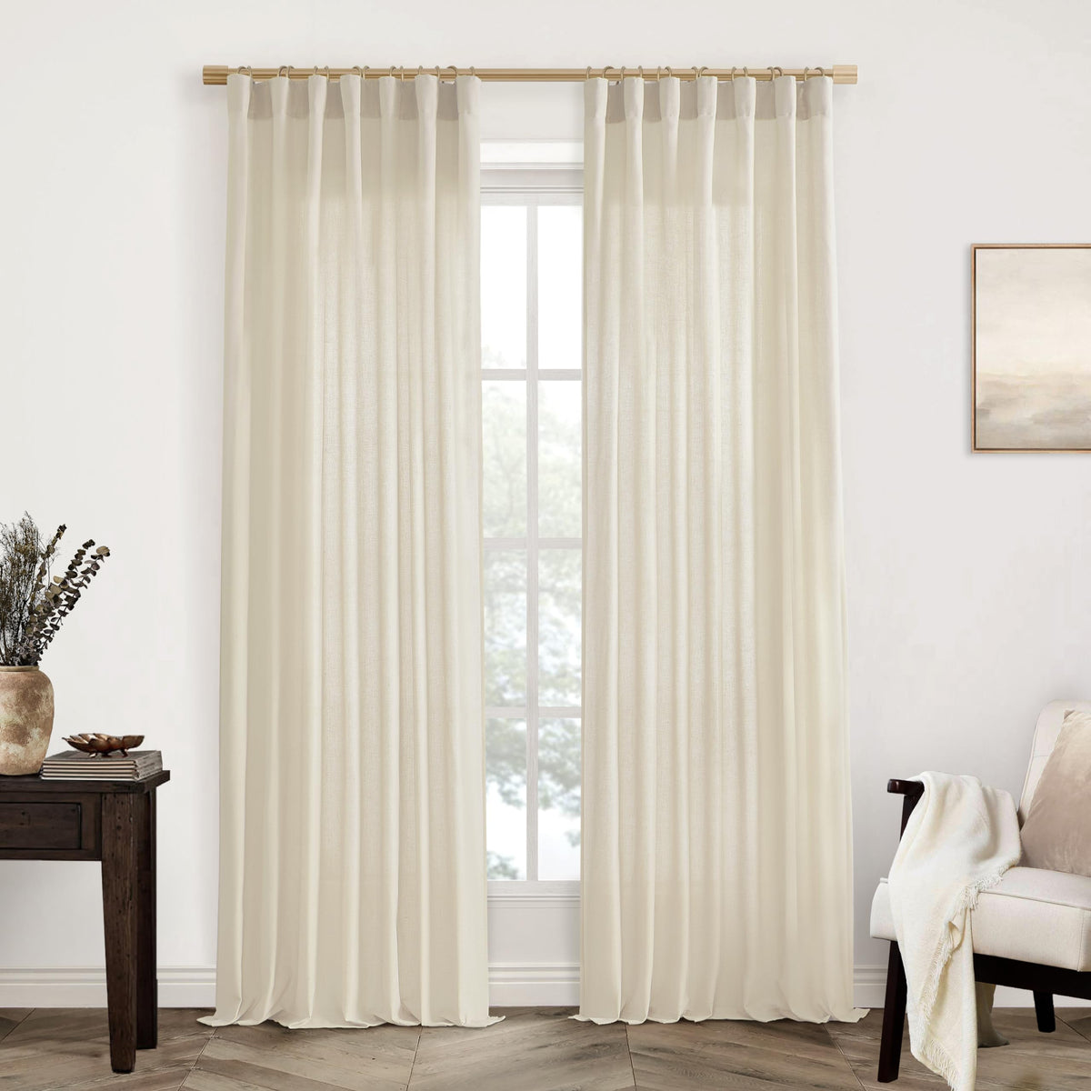 Linen Cotton Curtains for Living Room, Cream Off White Natural Fabric Light Filtering Semi Sheer Curtains 84 Inches Long, Ivory Pleated Farmhouse Curtain Drapes 84 Inch Length 2 Panels Set Dining Room