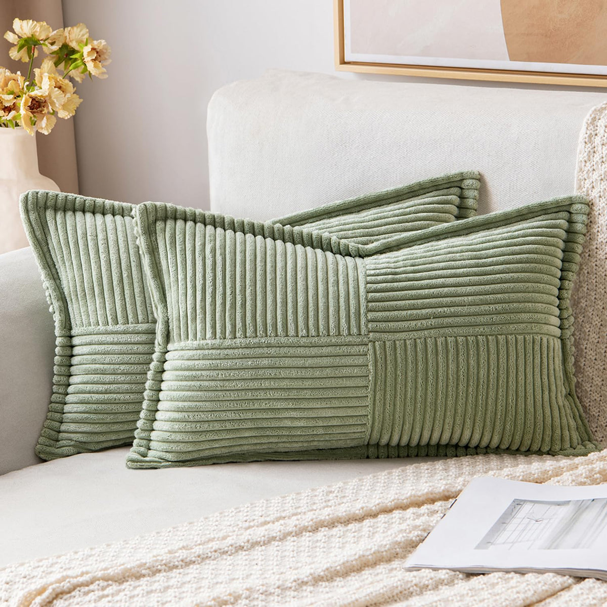 MIULEE Decorative Throw Pillow Covers for Couch 18x18 Inch Beige 2 Pack | Boho Broadside Striped Patchwork Pillow Covers, Soft Corduroy Cushion Cases, For Sofa Bed Livingroom Home Decor