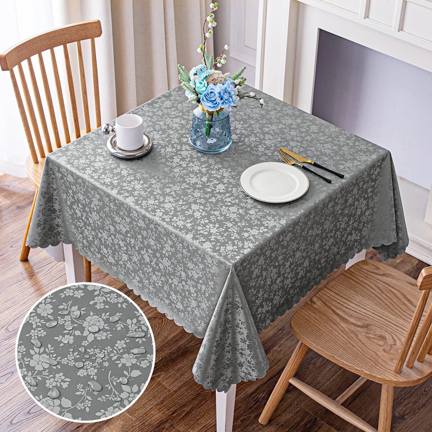Smiry Rectangle Waterproof Heavy Duty Vinyl Tablecloths, 60 x 84 Inch | Wipeable Washable Floral Embossed Table Cover for Kitchen and Dining Room, Indoor & Outdoor Use, Beige
