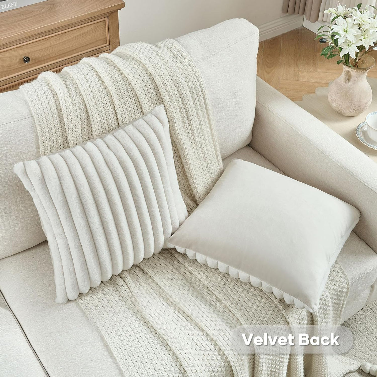 FUTEI Pack of 2 Faux Fur Throw Pillow Covers 18x18 Inch, Cream White | Fluffy Faux Rabbit Fur Front/Premium Velvet Back,Hidden Zipper,Machine Washable,Non-Shedding,Colorfast,Insert Not Included.