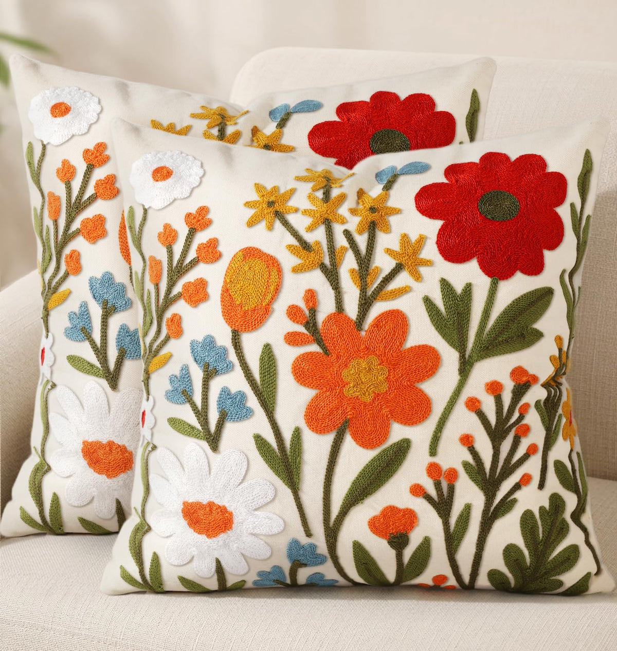 Embroidered Throw Pillow Cover 18x18 Inch, Flower Cluster | Decorative Pillow Cover, Floral Farmhouse Cushion Case with Hidden Zipper, Home Decor for Couch, Sofa, Living Room, Bedroom