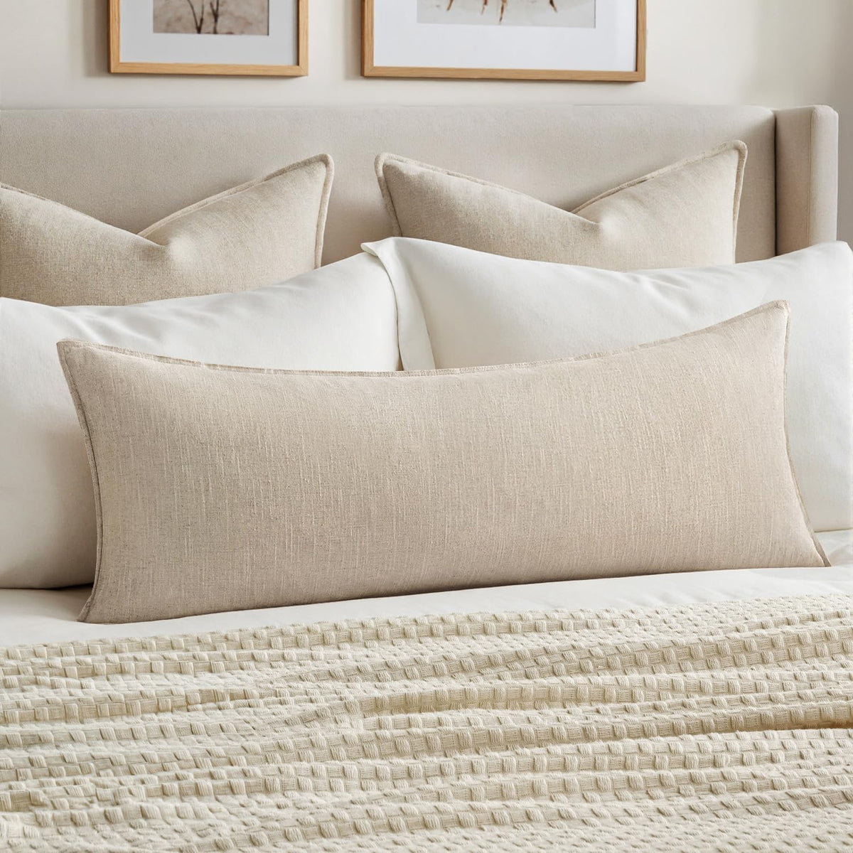 MIULEE Decorative Linen Lumbar Pillow Cover 14x36 Inch Natural Beige | Boho Farmhouse Neutral Couch Long Throw Pillow for Bed, Pack of 1 Accent Modern Pillowcase, Sofa Livingroom Home Decor