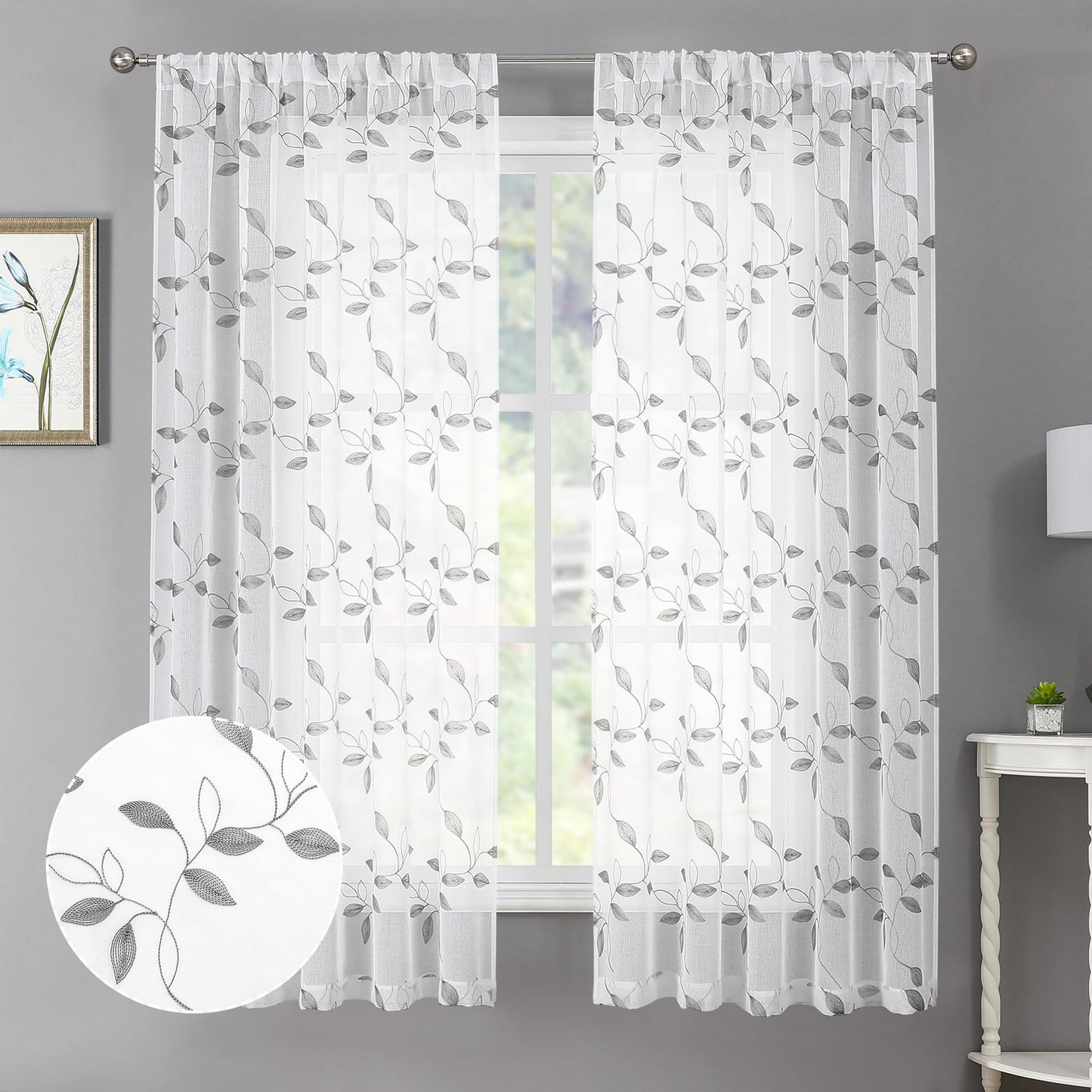 Tollpiz White Leaf Sheer Curtains Bedroom 54 x 84 Inches | Leaves Embroidered Curtain Rod Pocket Voile Window Treatment for Living Room, Set of 2 Panels