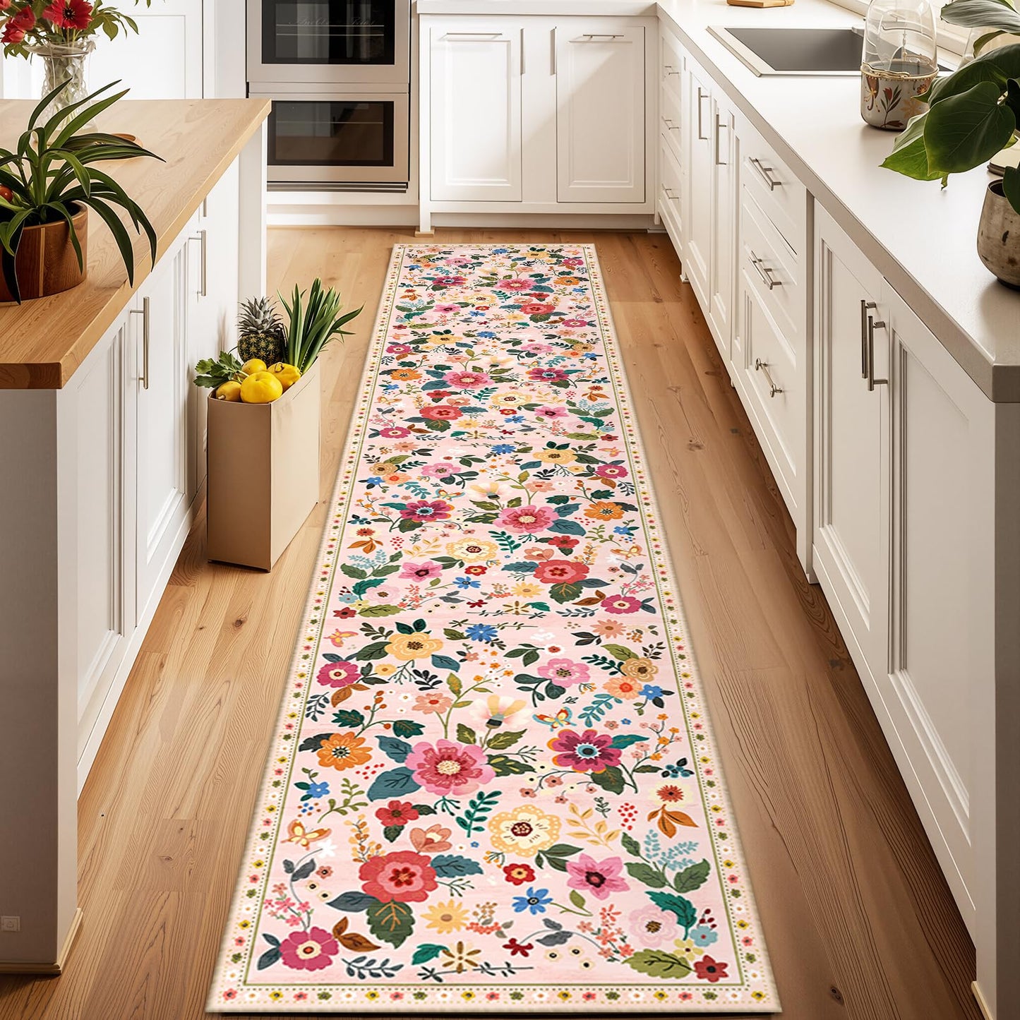 RELEANY Floral Washable 5x7 Area Rugs Beige/White/Orange | Flower Carpet, Print, Boho, Non-Slip, Easy to Clean, Soft, Low Pile for Living Room Bedroom Kitchen Office Entryway Hallway