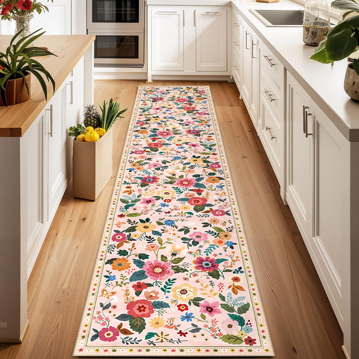 RELEANY Floral Washable 5x7 Area Rugs Black | Flower Carpet, Print, Boho, Non-Slip, Easy to Clean, Soft, Low Pile for Living Room Bedroom Kitchen Office Entryway Hallway