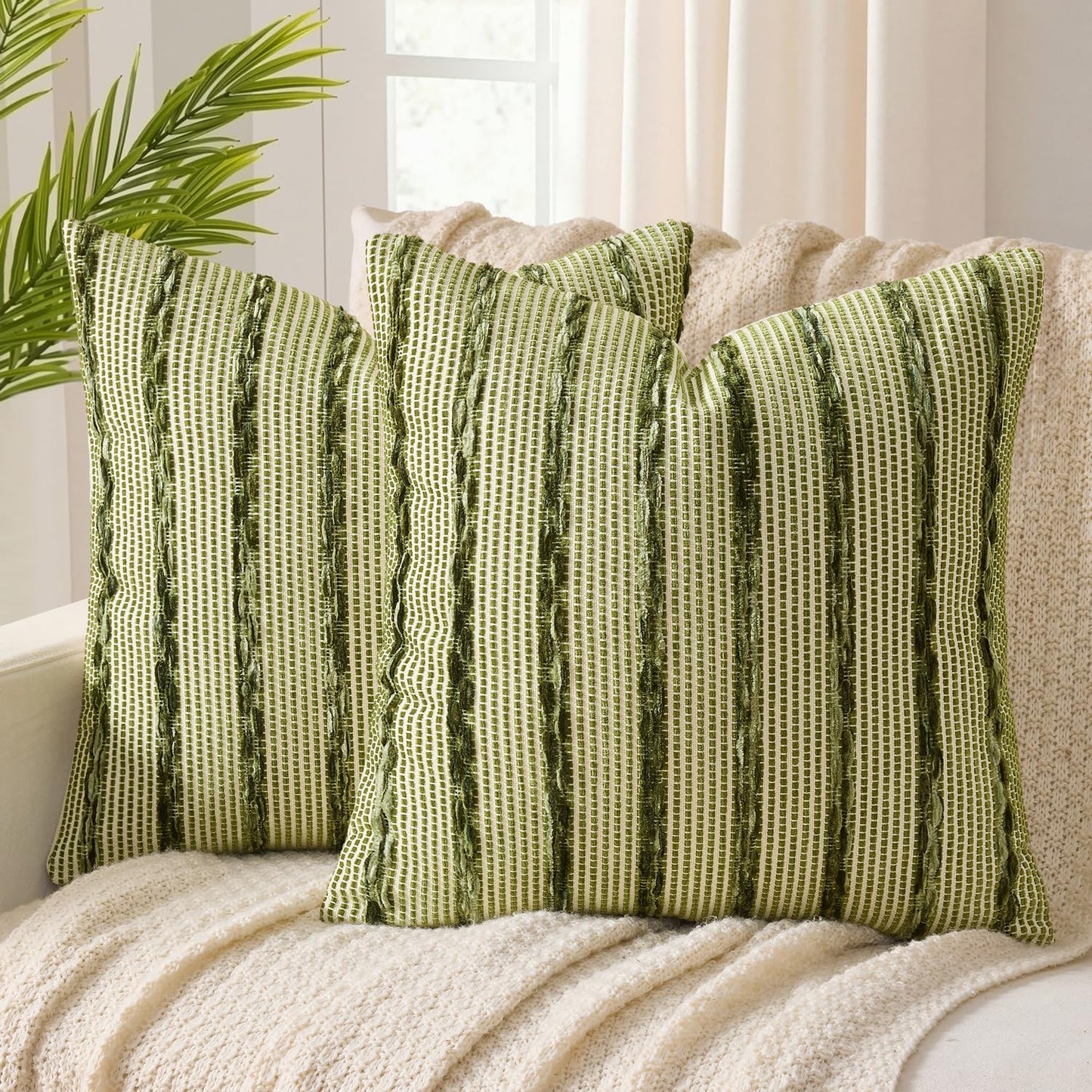 ANRODUO Boho Decorative Pillow Covers Olive Green Stripe 18x18 Pack of 2 | Throw Pillow Covers, Farmhouse Cushion Case, Chenille Pillow Cases, Pillow Covers, Accent Neutral Pillowcase for Couch Bed