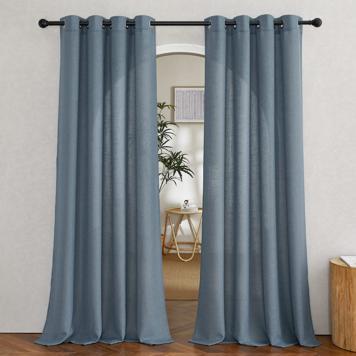 NICETOWN White Sheer Linen Curtains for Living Room 84 inch Length 2 Panels Set, Grommet Semi Sheer Privacy with Light Filtering Flax Window Treatments for Bedroom, W52 x L84