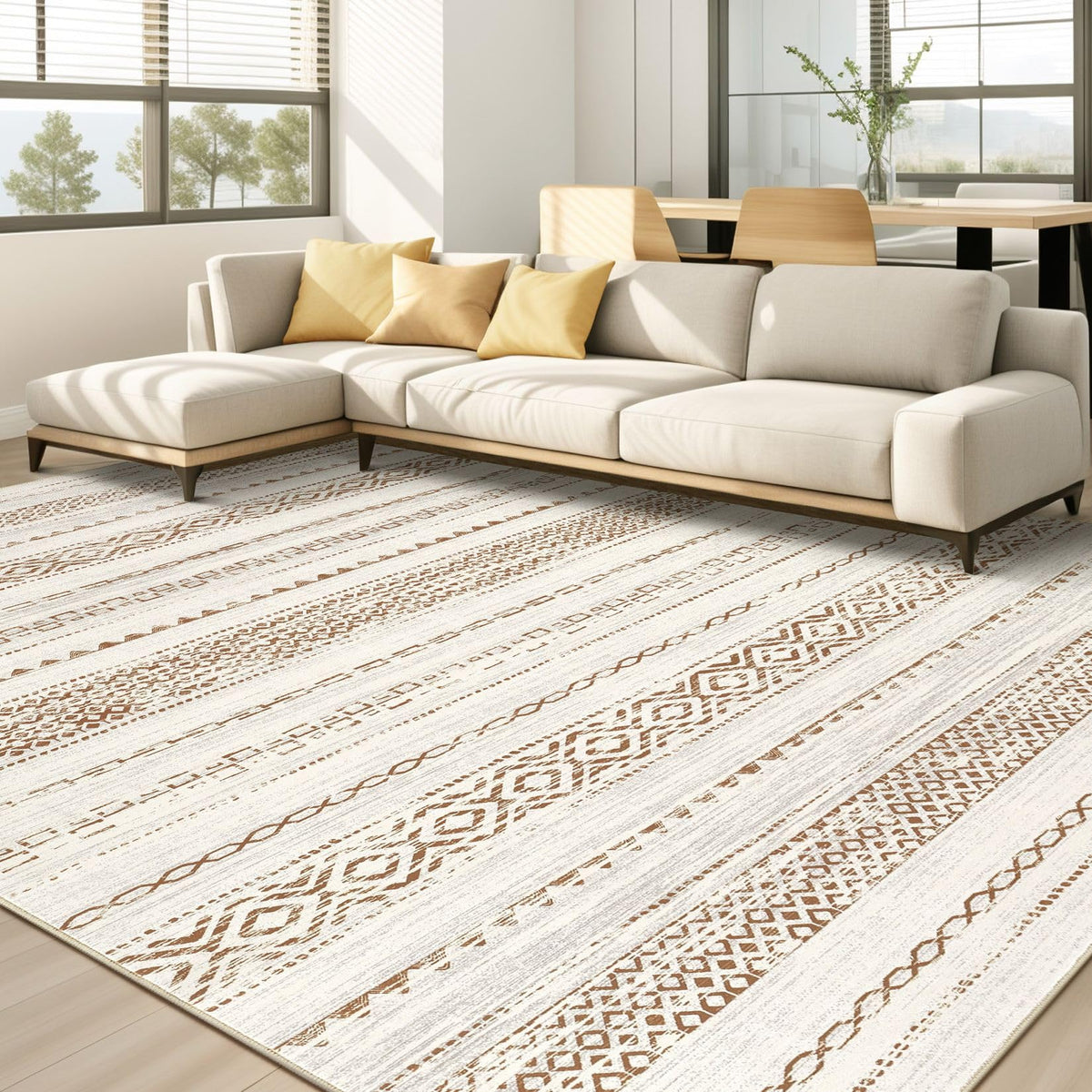 kakania 9x12 Washable Area Rug: Non Slip Soft Thin Carpet, Boho Geometric Modern Decor, Easy Clean Indoor Floor Large Rugs for Living Room Bedroom Kids Dorm Office Dining - Brown