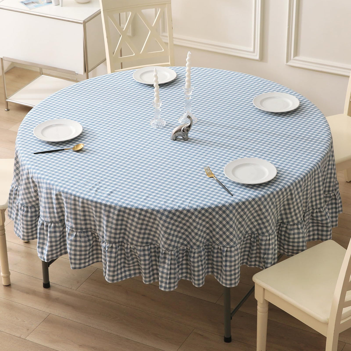 Blush White Gingham Ruffled Table Cloth Rectangular 120“x60” | 100% Washed Cotton, for Seat 8-10, Buffet Picnic Baby Shower Party Tablecloth, Decorative Checker Plaid Farmhouse Table Cover