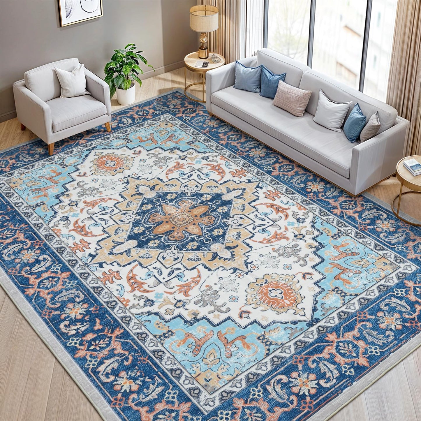 Lofus 5x7 Area Rugs for Living Room Bedroom, Soft Boho Carpet Floral Brown | High-Power Vacuuming, Non-Slip, Low Pile, Stain & Water Repellent, Soft, Skin-Friendly, for Kitchen Entryway Office