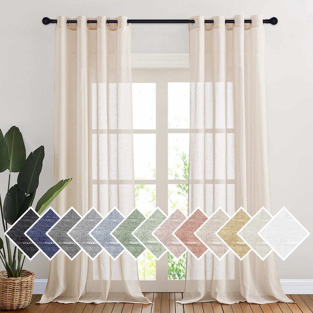 NICETOWN White Sheer Linen Curtains for Living Room 84 inch Length 2 Panels Set, Grommet Semi Sheer Privacy with Light Filtering Flax Window Treatments for Bedroom, W52 x L84