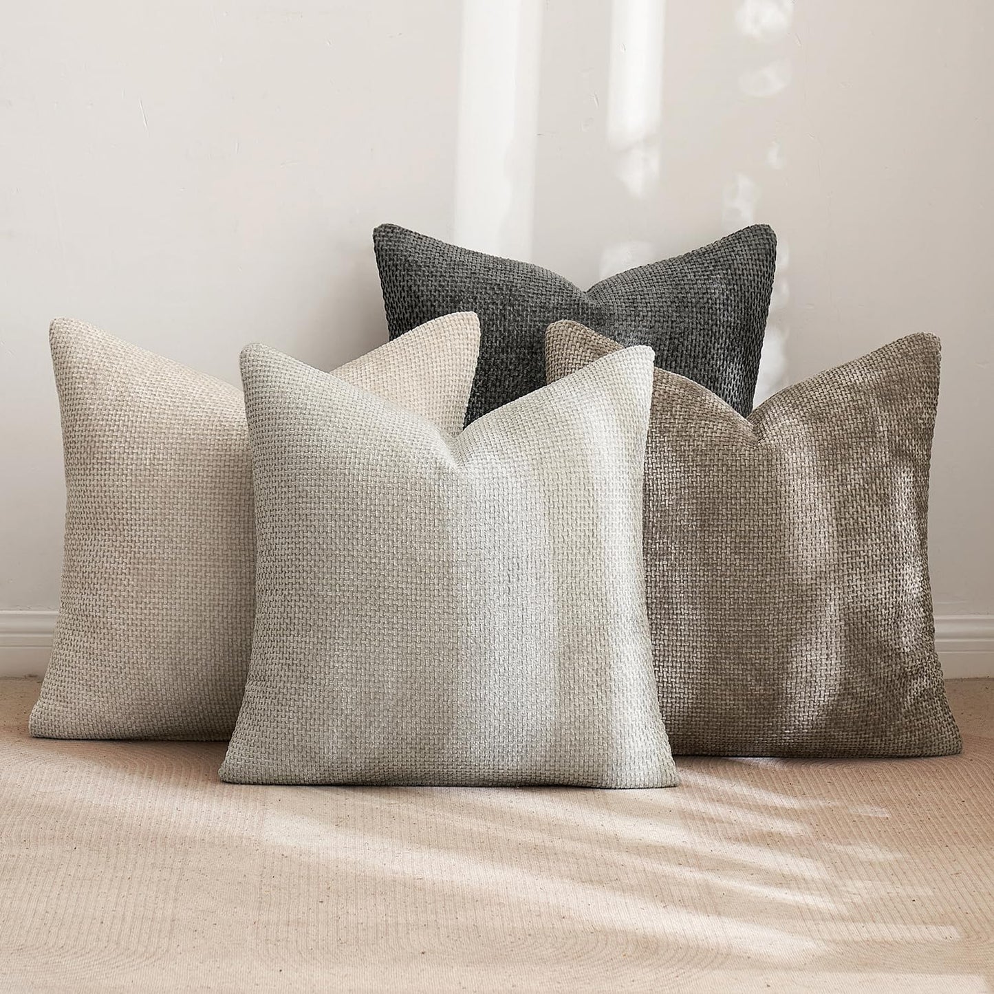 MIULEE Soft Decorative Chenille Pillow Covers Neutral 18x18 Pack of 4 | Mid Century Modern Decor, Cream to Charcoal Set, Couch Throw Pillows, Farmhouse Boho Cushion Covers for Sofa Bed Living Room