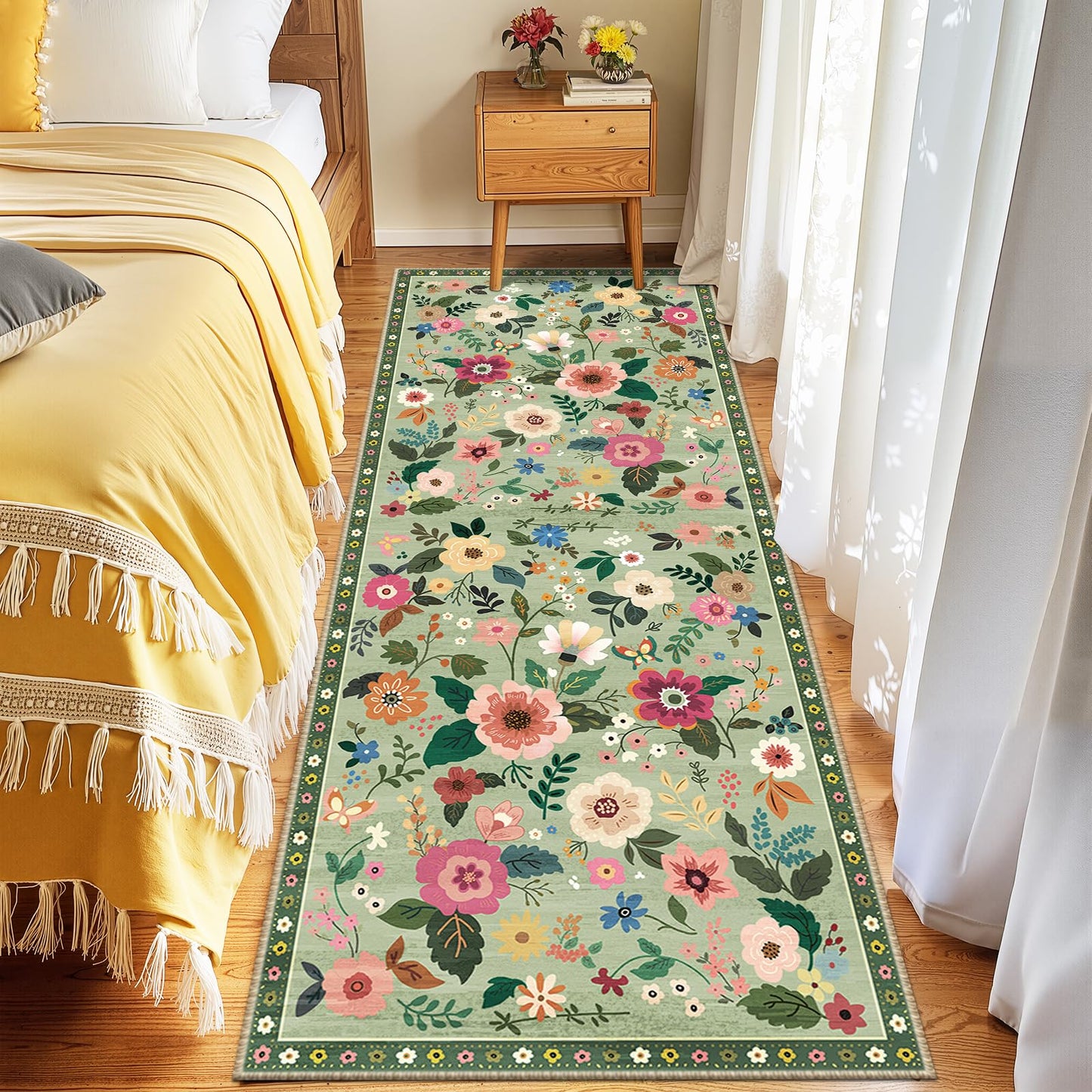 RELEANY Floral Washable 5x7 Area Rugs Beige/White/Orange | Flower Carpet, Print, Boho, Non-Slip, Easy to Clean, Soft, Low Pile for Living Room Bedroom Kitchen Office Entryway Hallway