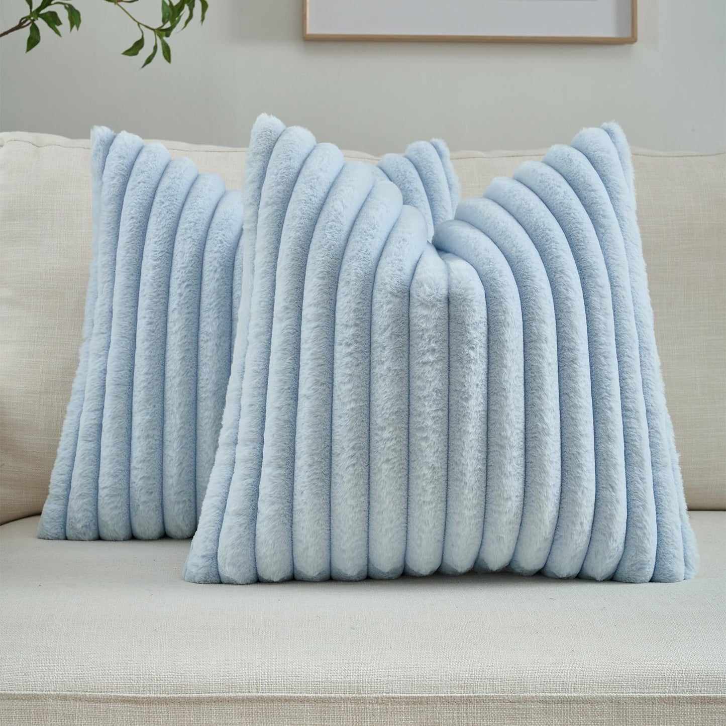 FUTEI Pack of 2 Faux Fur Throw Pillow Covers 18x18 Inch, Cream White | Fluffy Faux Rabbit Fur Front/Premium Velvet Back,Hidden Zipper,Machine Washable,Non-Shedding,Colorfast,Insert Not Included.