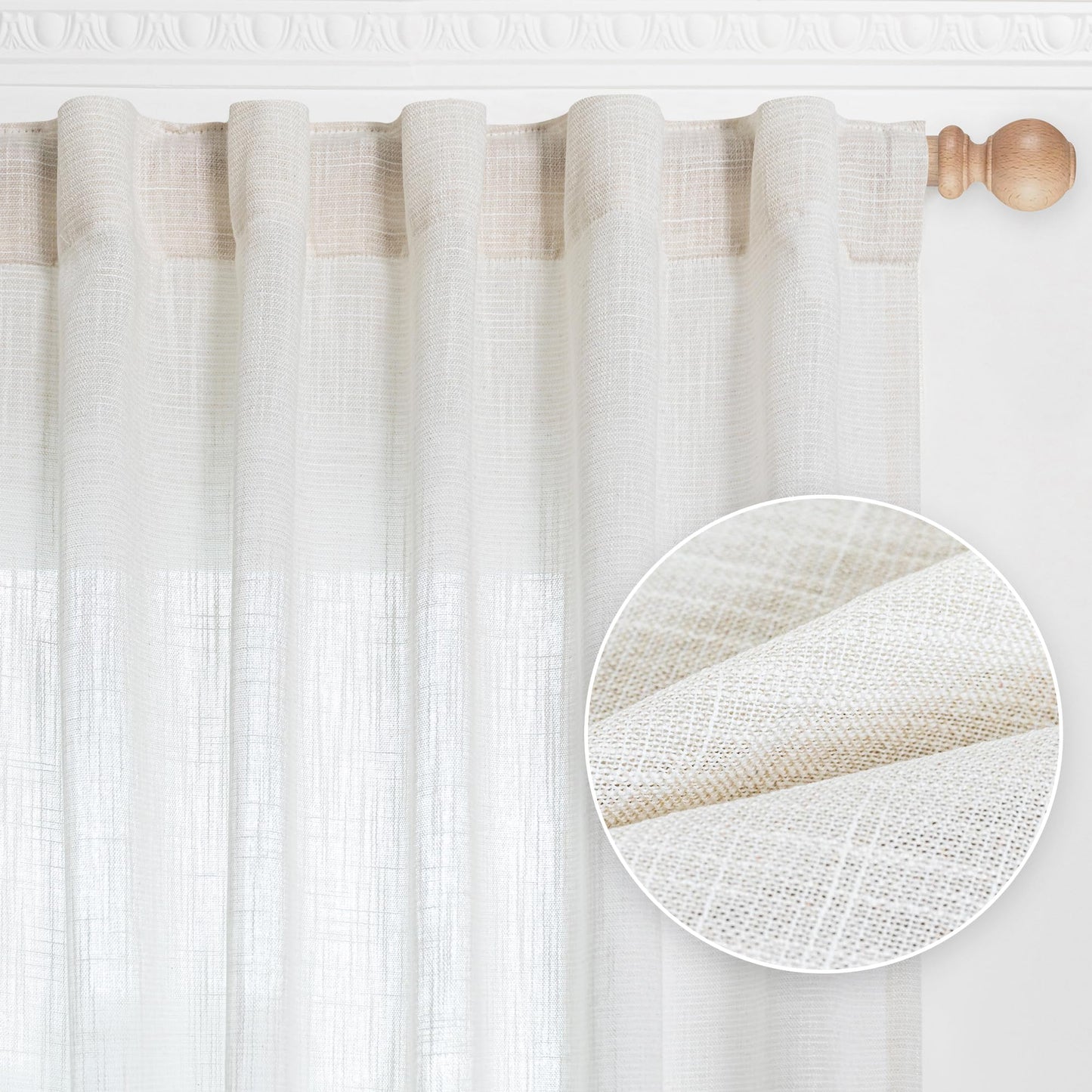 MYSKY HOME Linen Curtains for Living Room, Natural Semi Sheer Curtains & Drapes 84 inches Length 2 Panels Set Farmhouse Country Boho Style Back Tab Draperies for Sliding Glass Door, 50" Wide, Linen