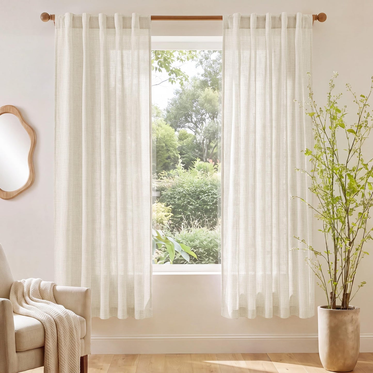NICETOWN Semi Sheer White Curtains 84 inch Long, Rod Pocket & Back Tab Sheer Linen Curtains & Drapes Balance Privacy & Light Panels for Bedroom/Living Room, W52 x L84, 2 Panels