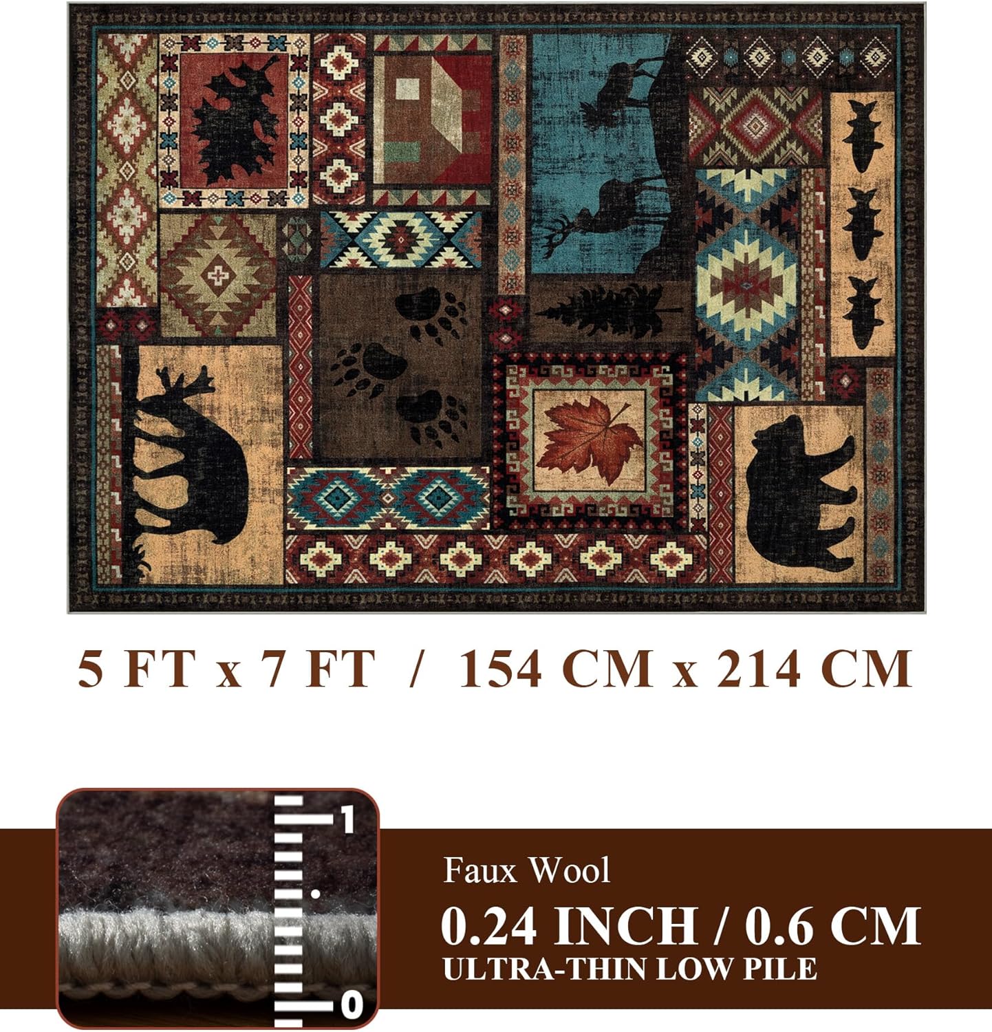 Rustic Cabin Area Rug 5x7,Machine Washable Lodge Bear Rug,Non-Slip Low Pile Print Pattern Southwestern Rug for Living Room Bedroom