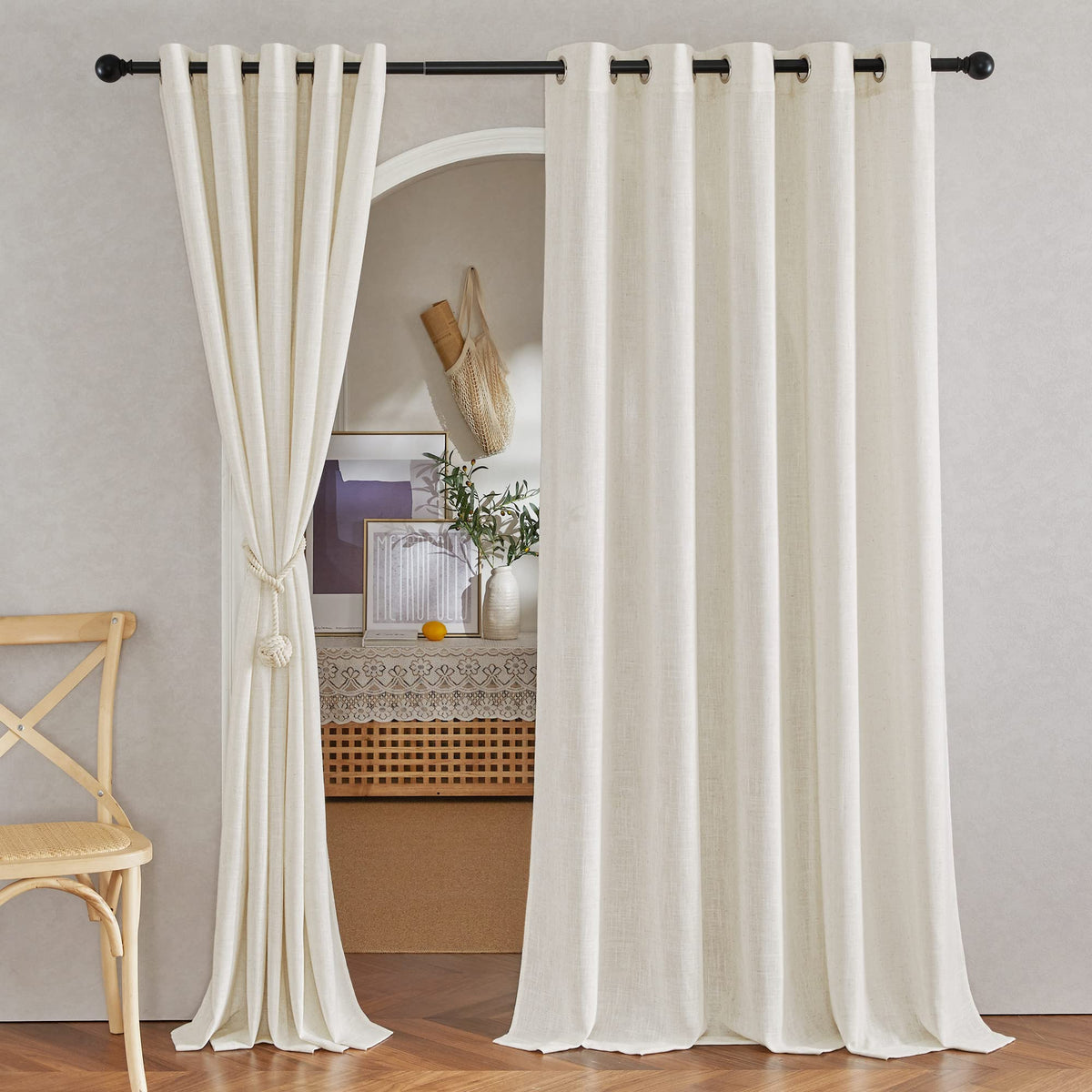 NICETOWN White Sheer Linen Curtains for Living Room 84 inch Length 2 Panels Set, Grommet Semi Sheer Privacy with Light Filtering Flax Window Treatments for Bedroom, W52 x L84