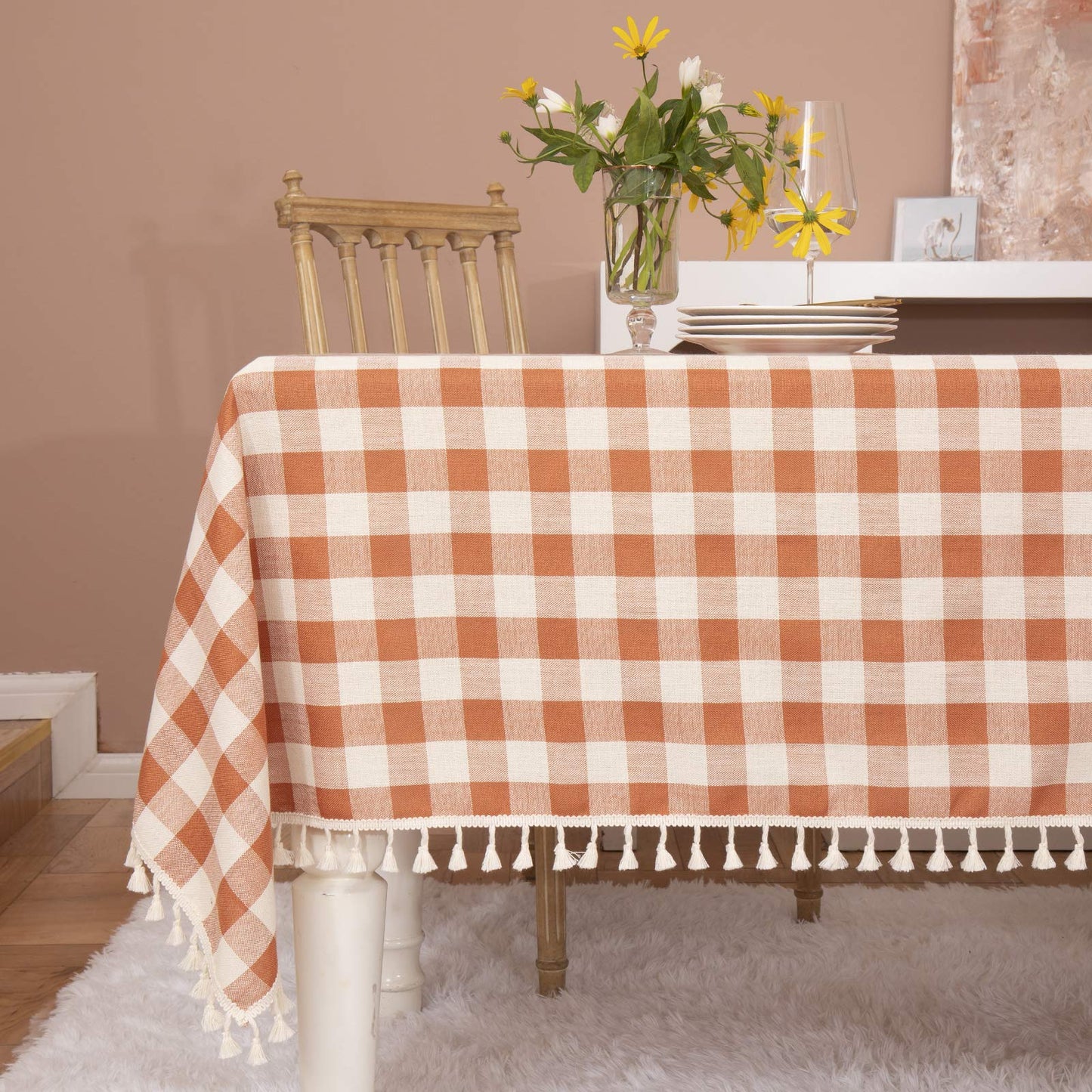 Midsummer Breeze Country Garden Green Gingham Tablecloth Rectangle 55”x84” | tassel, spring, easter, summer, picnic, outdoor, checkered, fresh, camping, Christmas, washable, wrinkle free, reusable