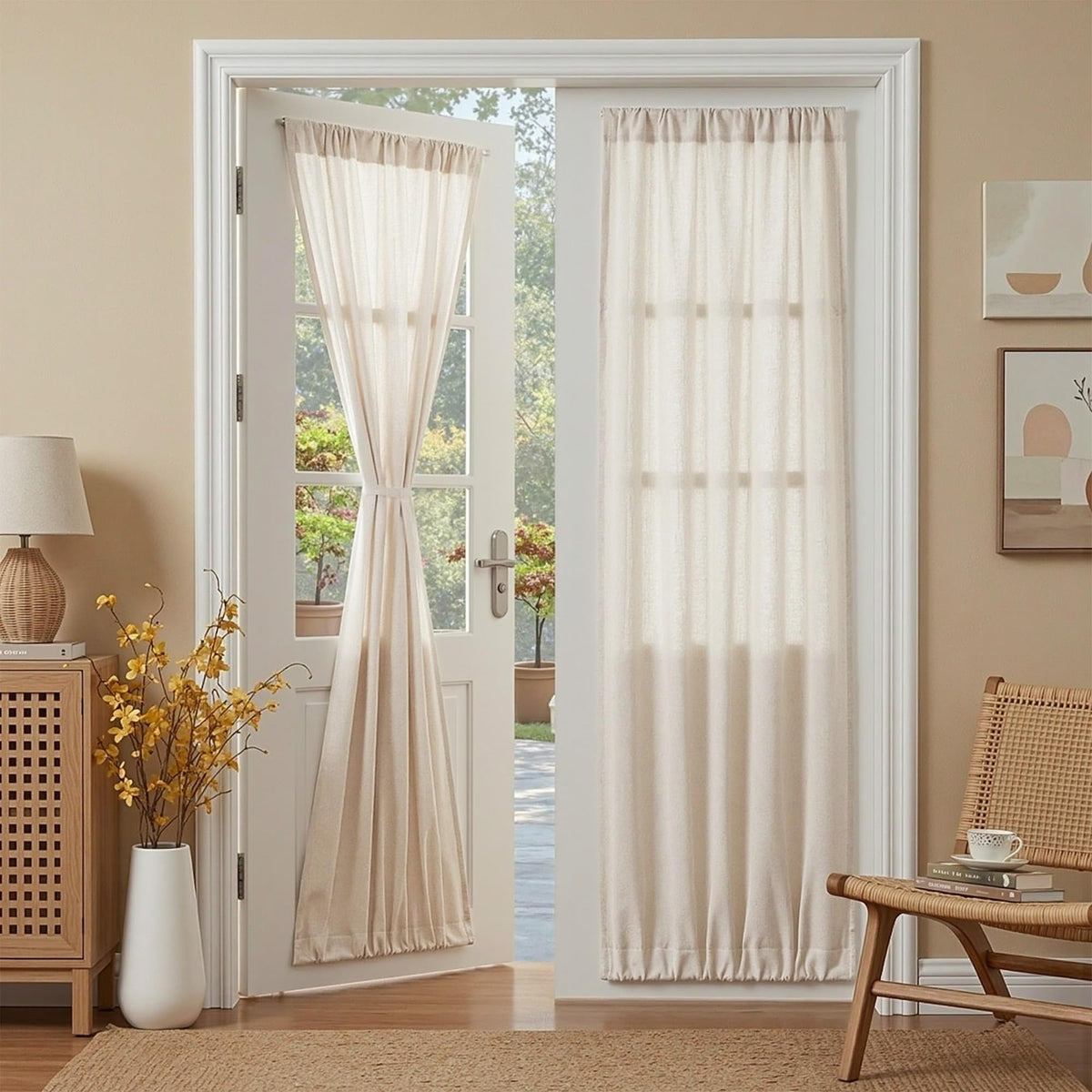 MYSKY HOME Linen Curtains for Living Room, Natural Semi Sheer Curtains & Drapes 84 inches Length 2 Panels Set Farmhouse Country Boho Style Back Tab Draperies for Sliding Glass Door, 50" Wide, Linen