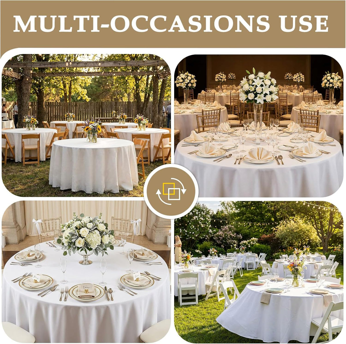 120 Inch White Round Tablecloth, 8 Pack | Wrinkle Resistant, For 4Ft-7Ft Round Table, Polyester Fabric, Washable Table Cloth, For Dining Wedding Party Buffet
