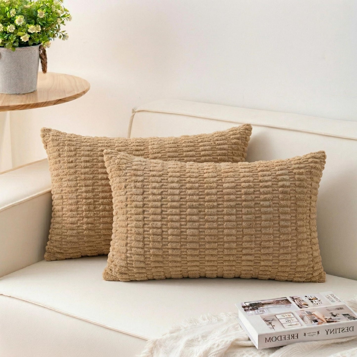 Pack of 2 Corduroy Decorative Throw Pillow Covers 18x18 Inch, Cream White | Fall Soft Striped Pillow Covers Modern Farmhouse Home Decor Christmas Throw Pillow Covers for Sofa Living Room Couch Bed ﻿