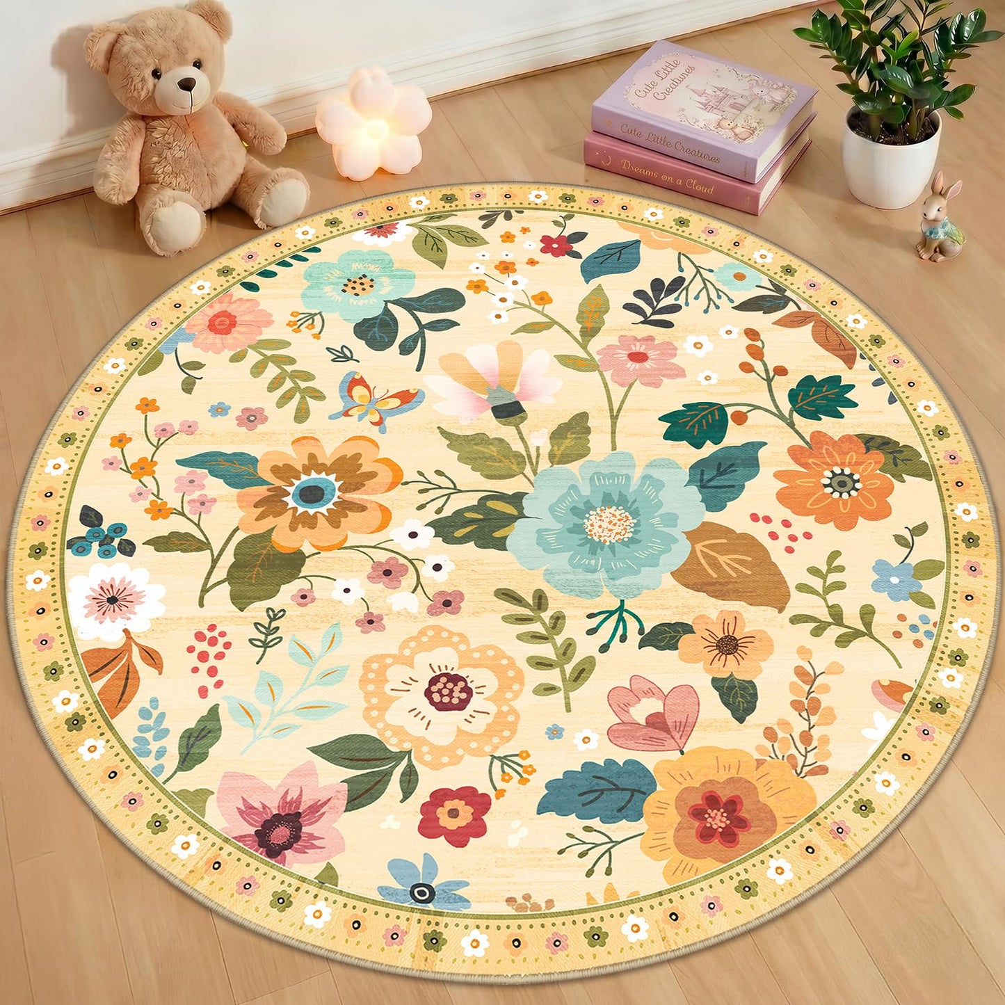 RELEANY Floral Washable 5x7 Area Rugs Black | Flower Carpet, Print, Boho, Non-Slip, Easy to Clean, Soft, Low Pile for Living Room Bedroom Kitchen Office Entryway Hallway