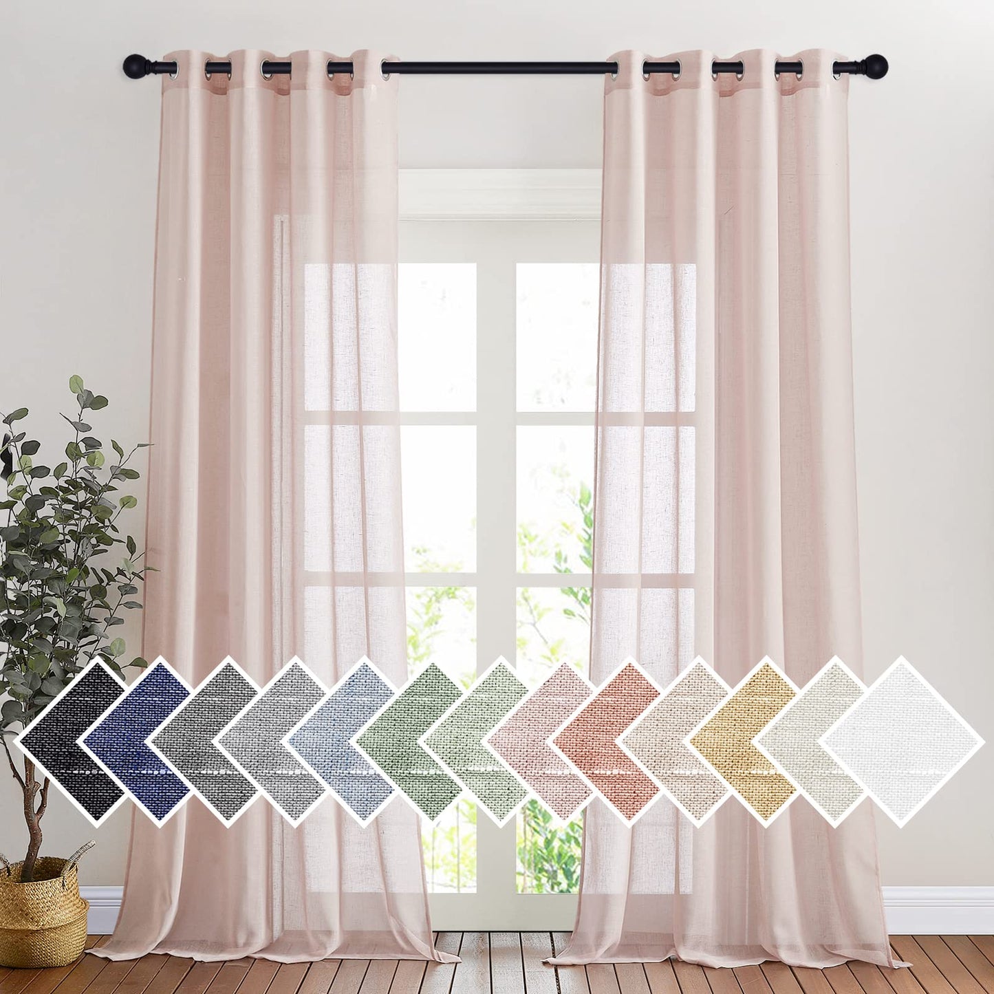 NICETOWN White Sheer Linen Curtains for Living Room 84 inch Length 2 Panels Set, Grommet Semi Sheer Privacy with Light Filtering Flax Window Treatments for Bedroom, W52 x L84