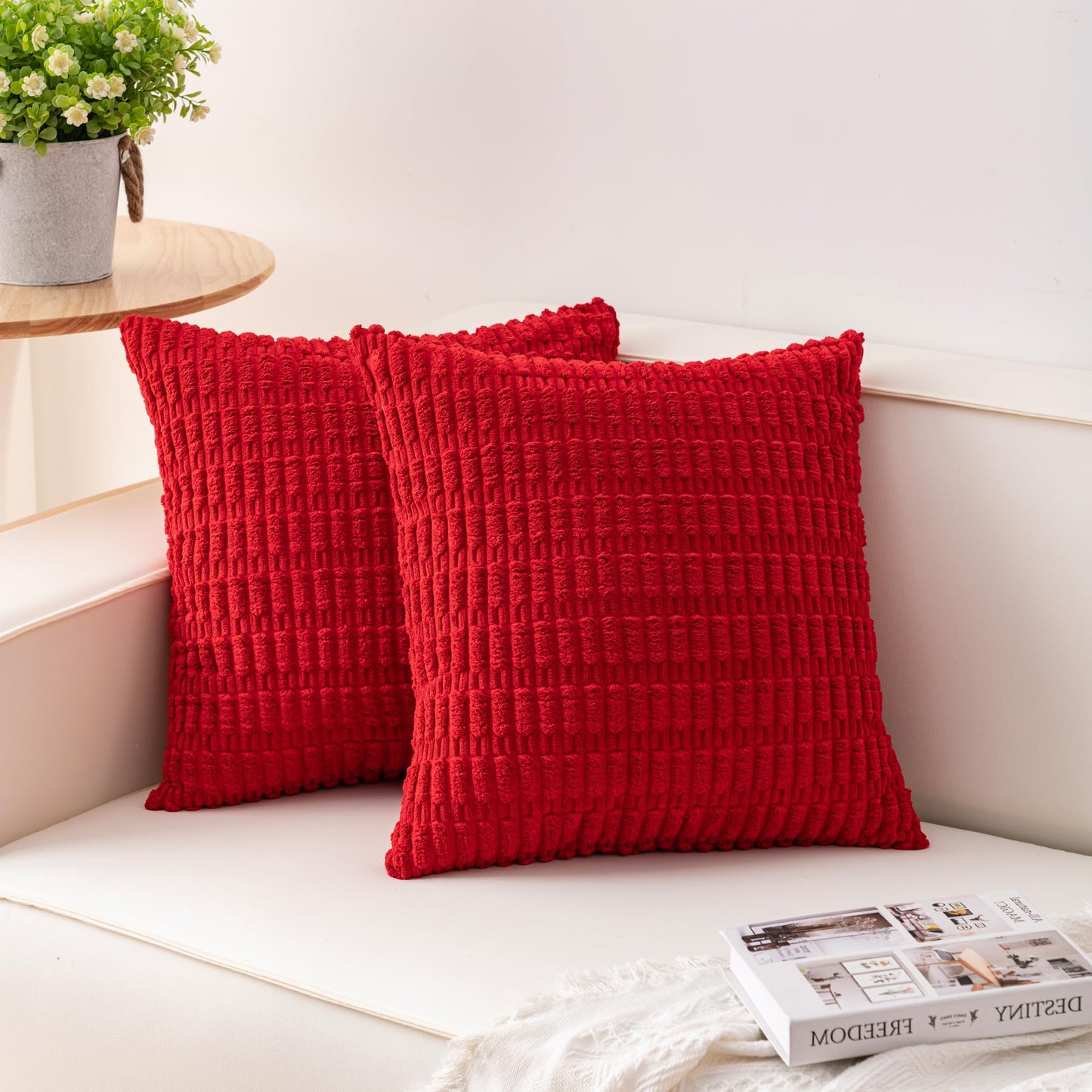 Pack of 2 Corduroy Decorative Throw Pillow Covers 18x18 Inch, Cream White | Fall Soft Striped Pillow Covers Modern Farmhouse Home Decor Christmas Throw Pillow Covers for Sofa Living Room Couch Bed ﻿