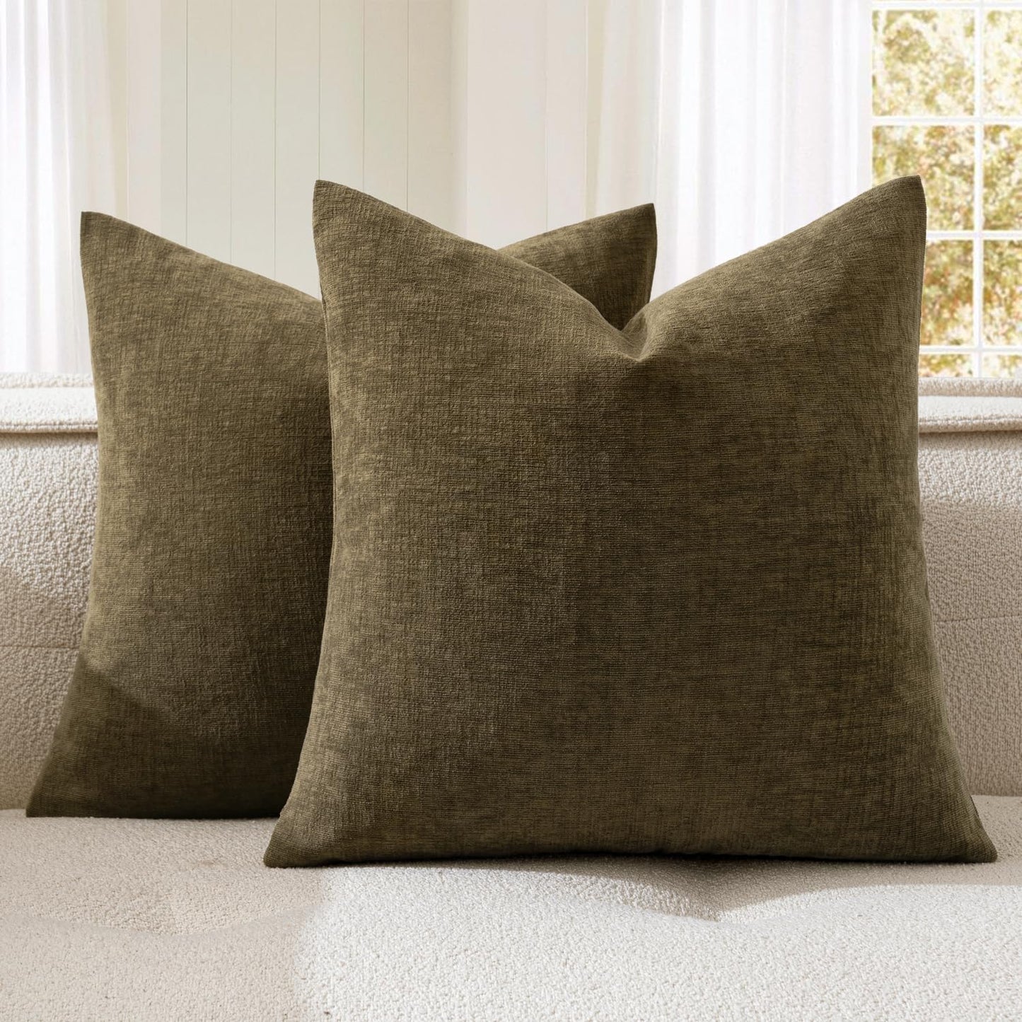 MIULEE Olive Green Chenille Couch Throw Pillow Covers, 18x18 | Set of 2, Soft Modern Farmhouse Style, Decorative Pillowcases for Sofa Living Room Bed, Home Decor