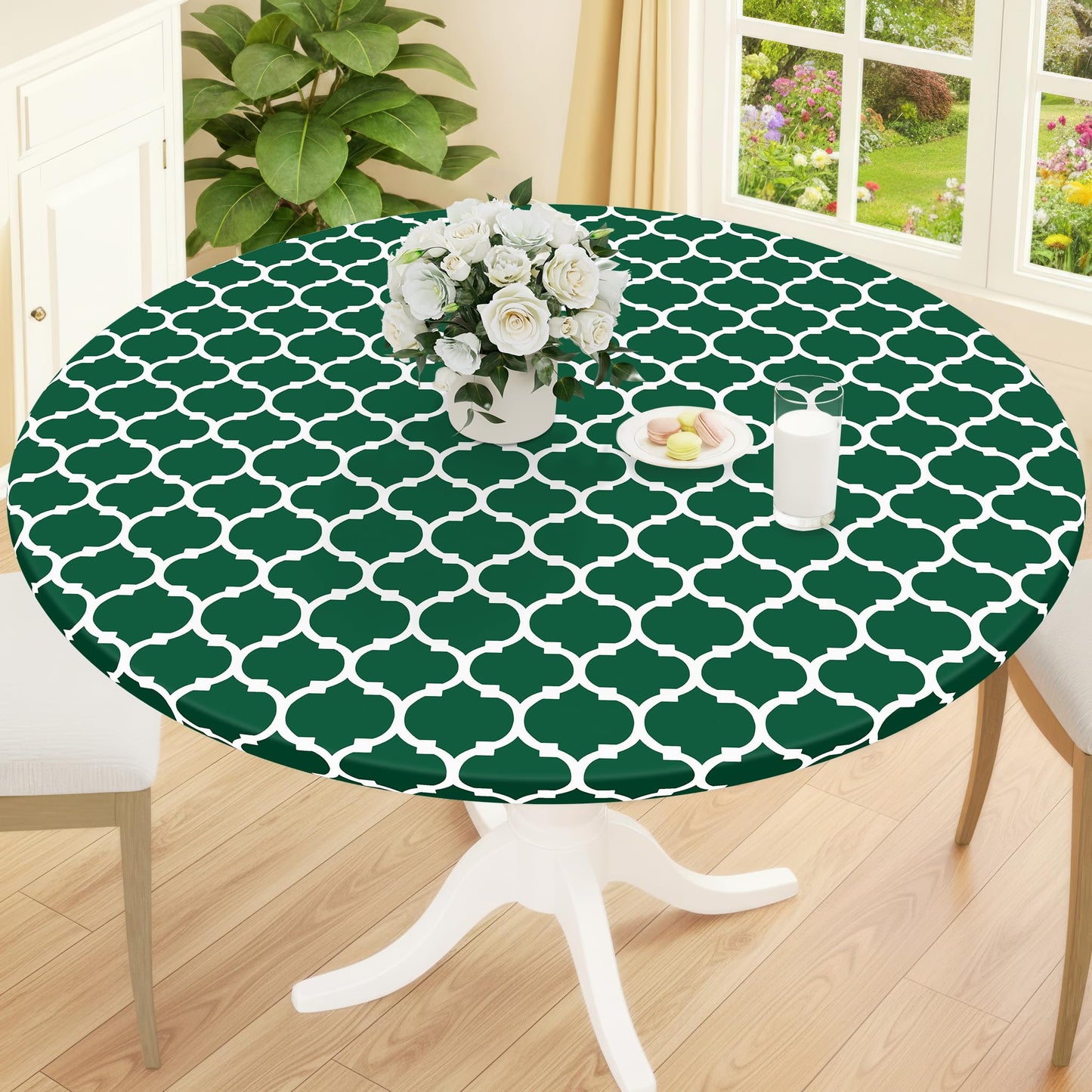 Smiry Round Picnic Tablecloth, Waterproof Elastic Fitted Table Covers for 45" - 56" Tables, Wipeable Flannel Backed Vinyl Tablecloths for Camping, Indoor, Outdoor, Grey & White