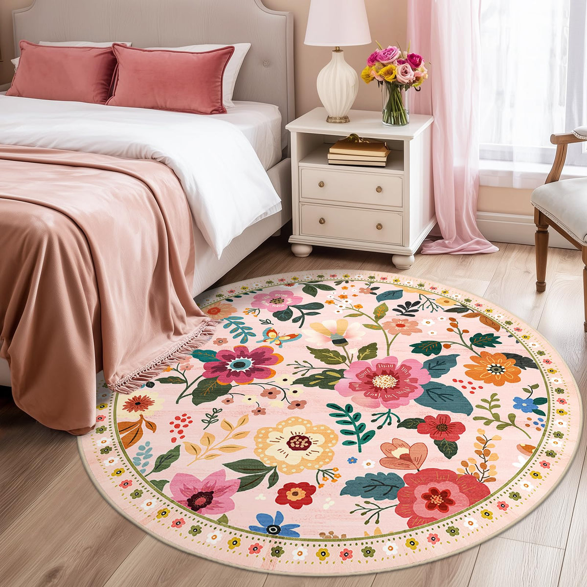 RELEANY Floral Washable 5x7 Area Rugs Black | Flower Carpet, Print, Boho, Non-Slip, Easy to Clean, Soft, Low Pile for Living Room Bedroom Kitchen Office Entryway Hallway