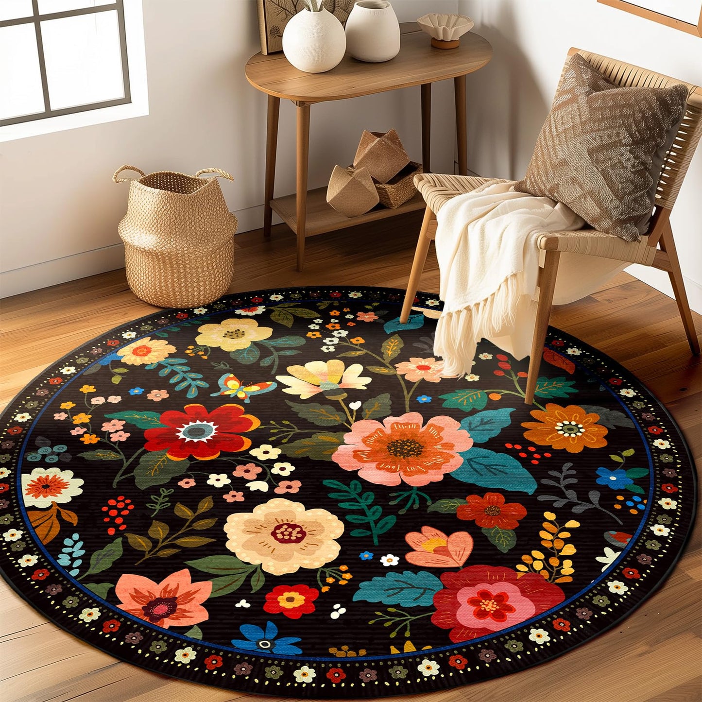 RELEANY Floral Washable 5x7 Area Rugs Beige/White/Orange | Flower Carpet, Print, Boho, Non-Slip, Easy to Clean, Soft, Low Pile for Living Room Bedroom Kitchen Office Entryway Hallway