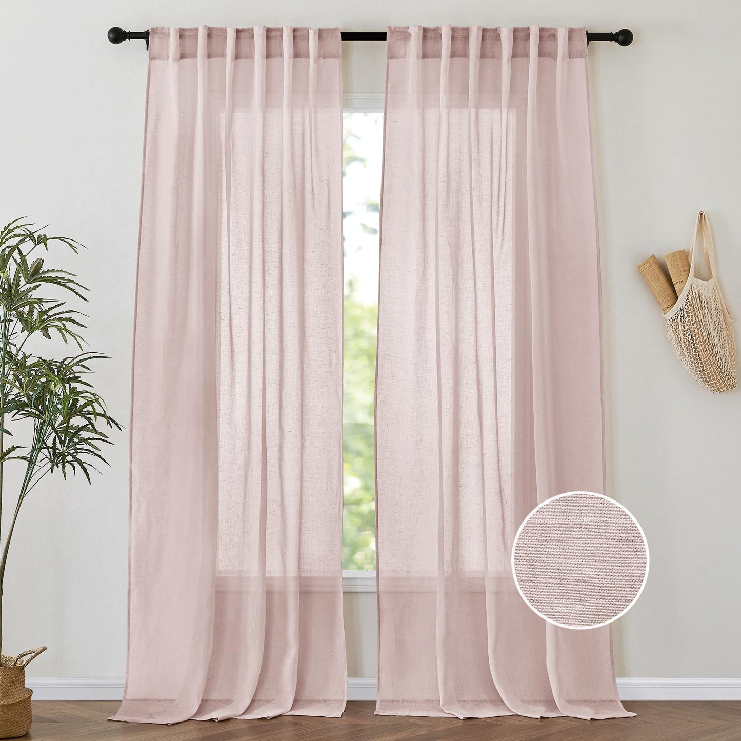 PONY DANCE White Sheer Curtains 96 inches Long, 2 Panels | Floor to Ceiling Curtains Living Room Window Treatments Natural Linen Blended Sheer Drapes for Bedroom, 52 Wide x 96 Long
