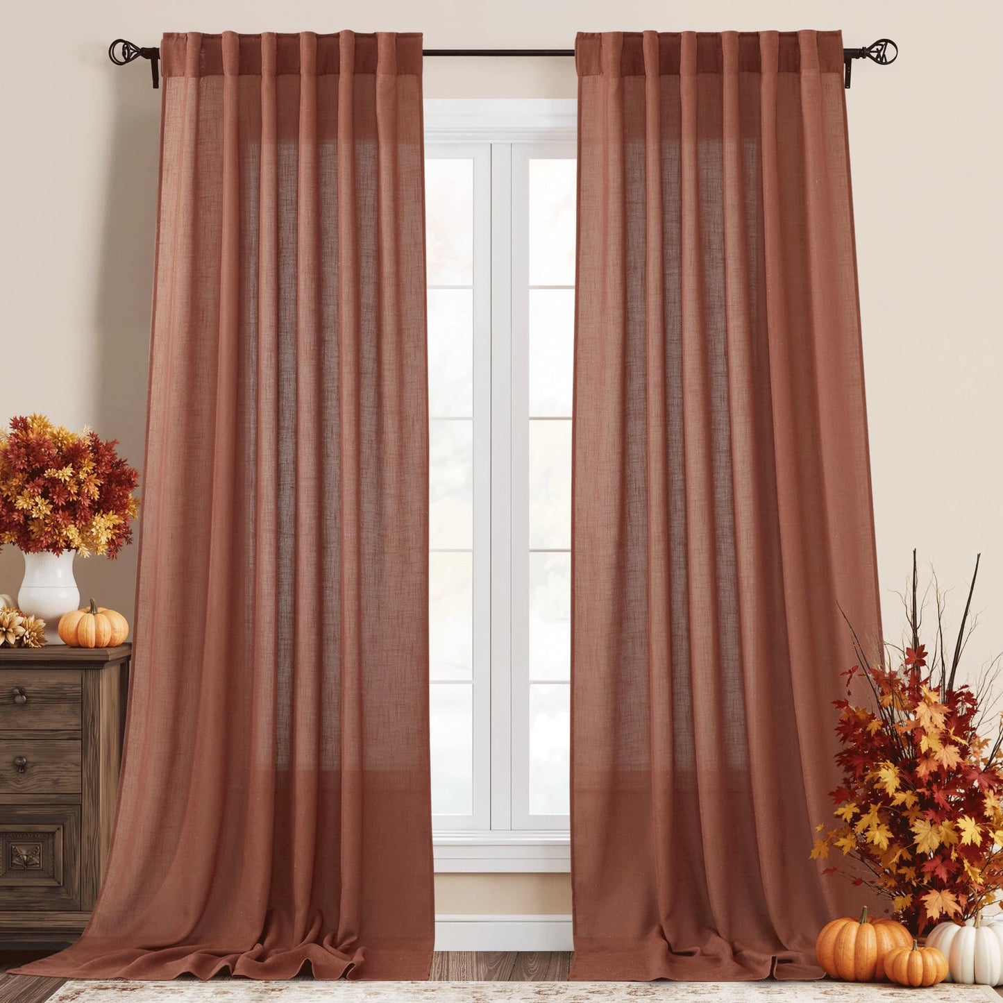 RYB HOME White Sheer Curtains for Living Room Patio Glass Door, W52 x L95 | Linen Texture, Light Filtering Privacy, Airy Translucent, Back Tab, Bedroom Office Balcony, W52 x L95, 2 Panels