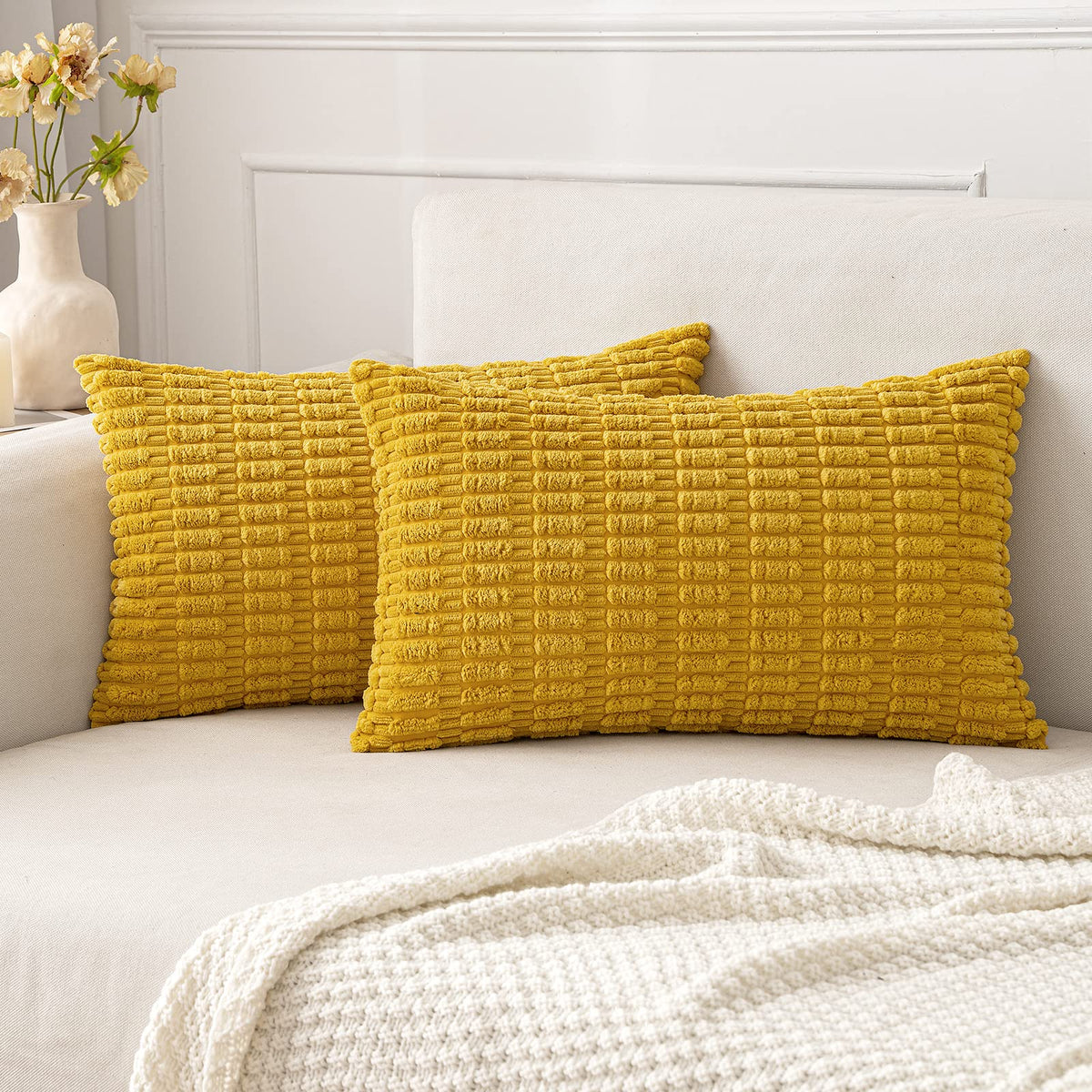 MIULEE Corduroy Decorative Throw Pillow Covers 18x18 Cream White Pack of 2 | Soft Boho Striped Pillow Covers Modern Farmhouse Home Decor For Sofa Living Room Couch Bed