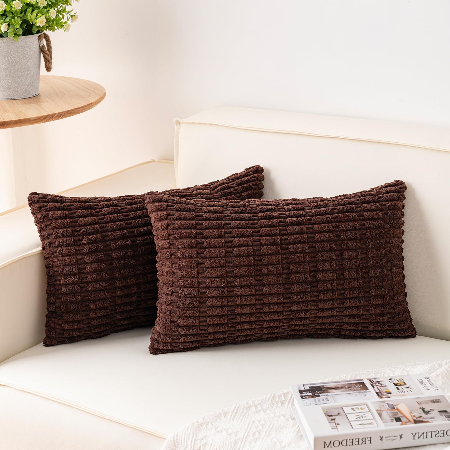 Pack of 2 Corduroy Decorative Throw Pillow Covers 18x18 Inch, Cream White | Fall Soft Striped Pillow Covers Modern Farmhouse Home Decor Christmas Throw Pillow Covers for Sofa Living Room Couch Bed ﻿