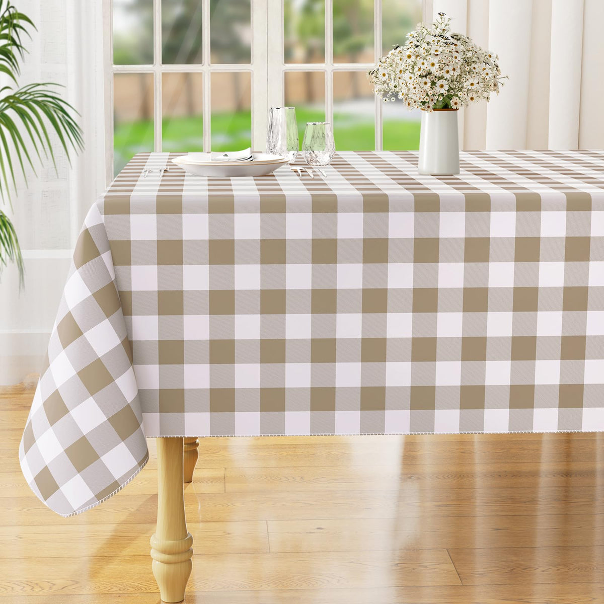 Rectangle Waterproof Vinyl Table Cloth, Buffalo Flannel Backed Tablecloth, Wipeable Plastic Table Cover for Dinner, Kitchen, Outdoor (60" x 84", Black and White)