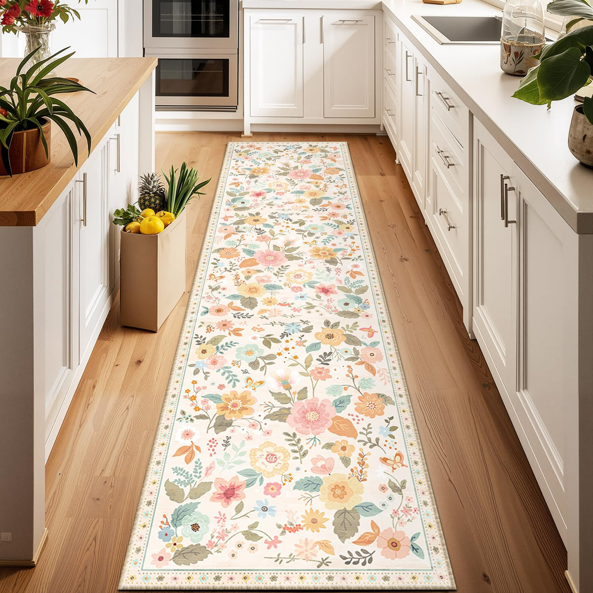 RELEANY Floral Washable 5x7 Area Rugs Beige/White/Orange | Flower Carpet, Print, Boho, Non-Slip, Easy to Clean, Soft, Low Pile for Living Room Bedroom Kitchen Office Entryway Hallway