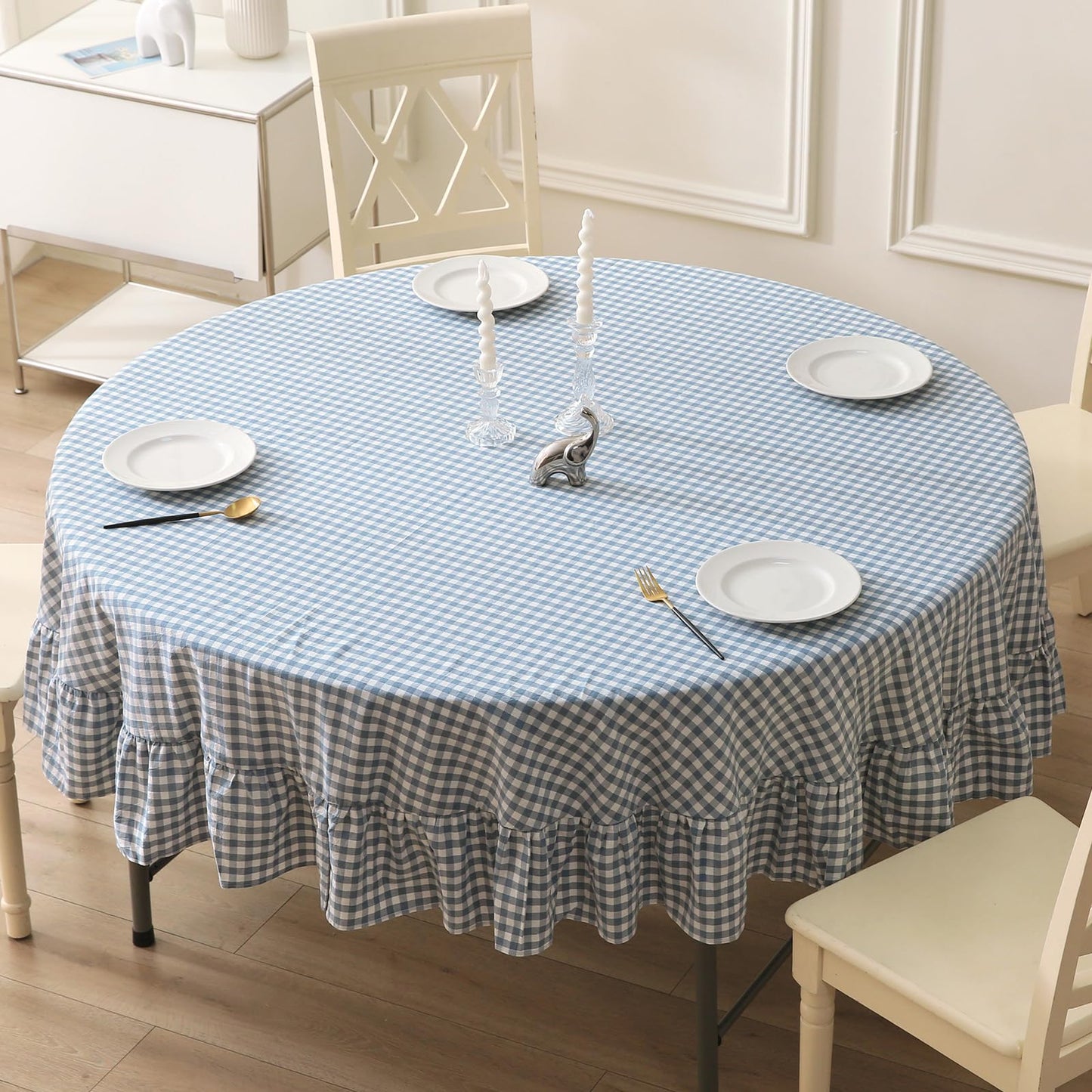Blush White Gingham Ruffled Table Cloth Rectangular 120“x60” | 100% Washed Cotton, for Seat 8-10, Buffet Picnic Baby Shower Party Tablecloth, Decorative Checker Plaid Farmhouse Table Cover
